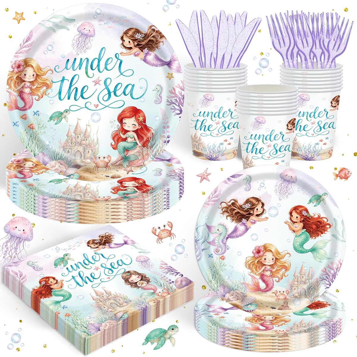 Juego de decoraciones para fiestas de sirena bajo el mar de 120 piezas, 20 porciones | Set de fiesta de sirena para 20 invitados con platos, tazas, servilletas, cuchillos y tenedores, perfecto para celebraciones de cumpleaños bajo el mar.