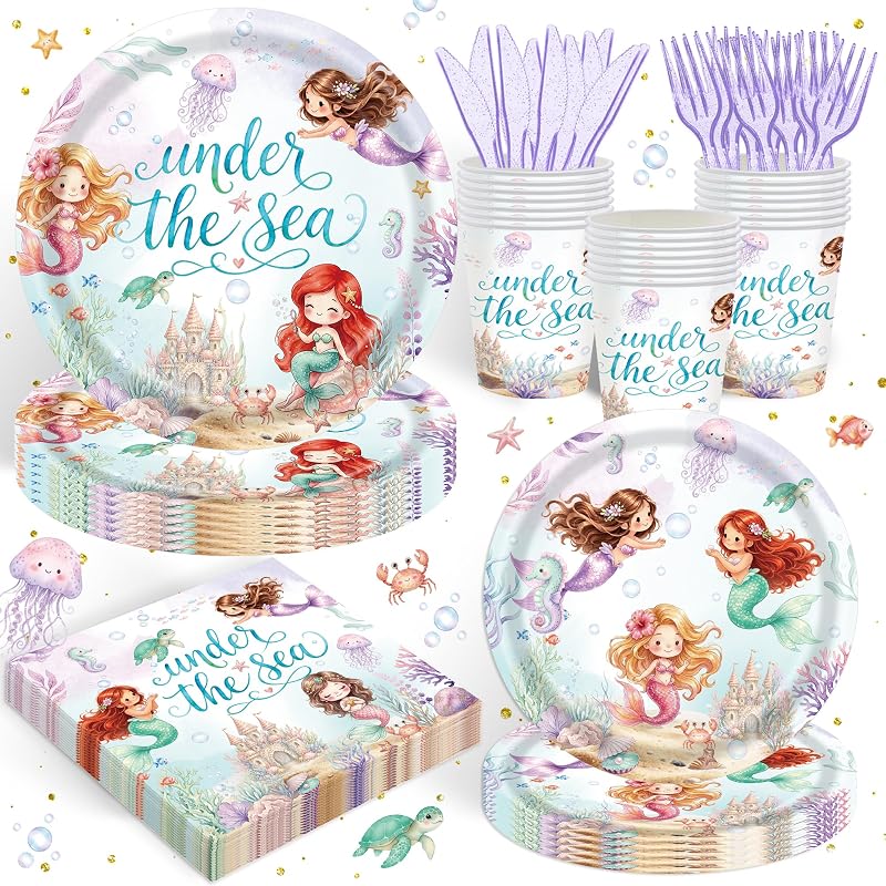 Juego de decoraciones para fiestas de sirena bajo el mar de 120 piezas, 20 porciones | Set de fiesta de sirena para 20 invitados con platos, tazas, servilletas, cuchillos y tenedores, perfecto para celebraciones de cumpleaños bajo el mar.