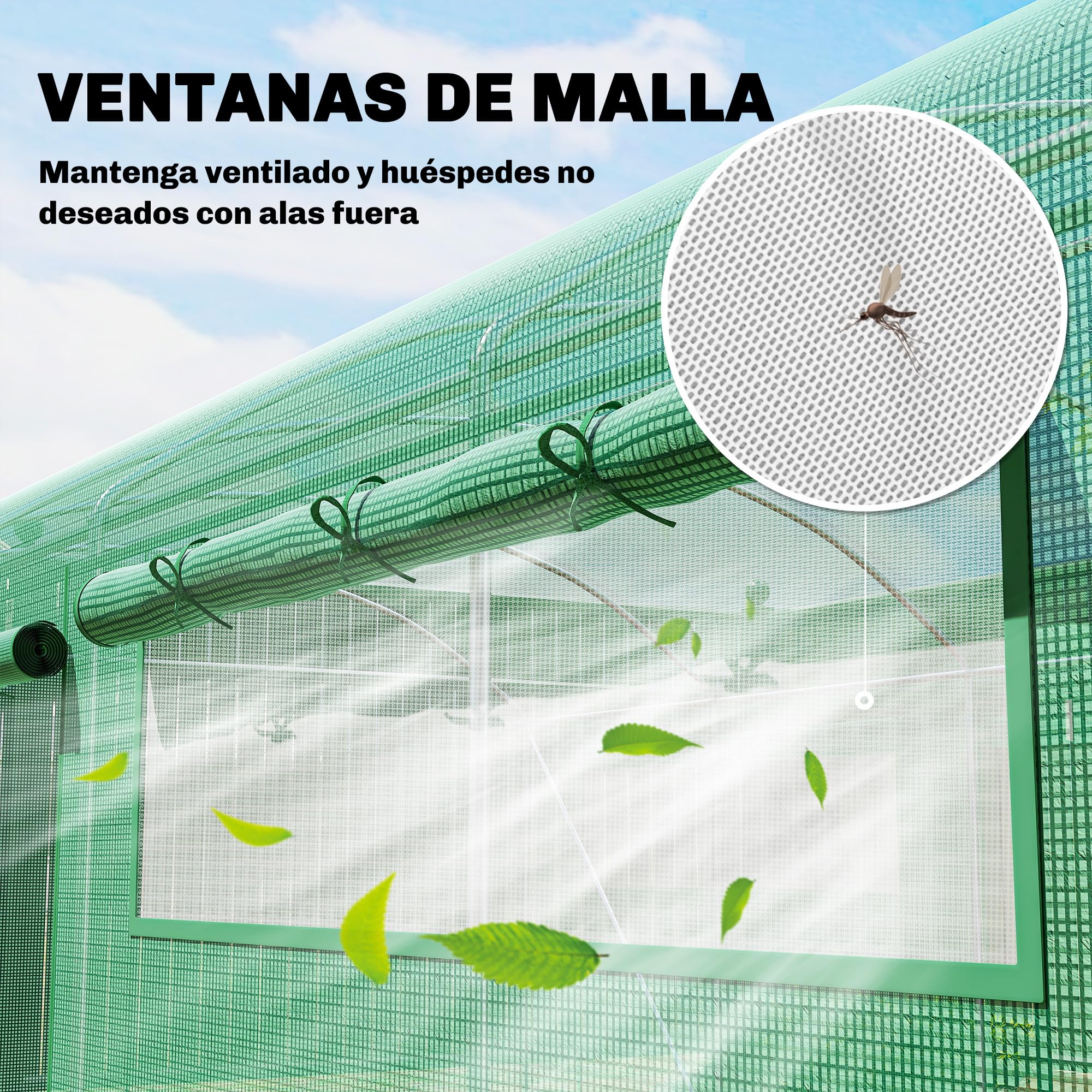 Outsunny Invernadero de Exterior 6x3x2 m Invernadero de Túnel con 6 Ventanas de Malla Cubierta de PE Anti-UV y 3 Puertas Enrollables con Cremallera para Jardín Patio Verde