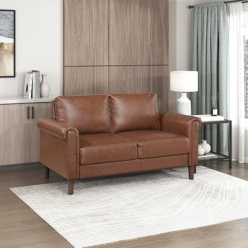 Lexicon 57" W Loveseat, Faux Leather Upholstered Couch, Loveseat with Rolled Armrest for Bedroom/Office/Waiting Room, 2 Seater Couch, Chocolate