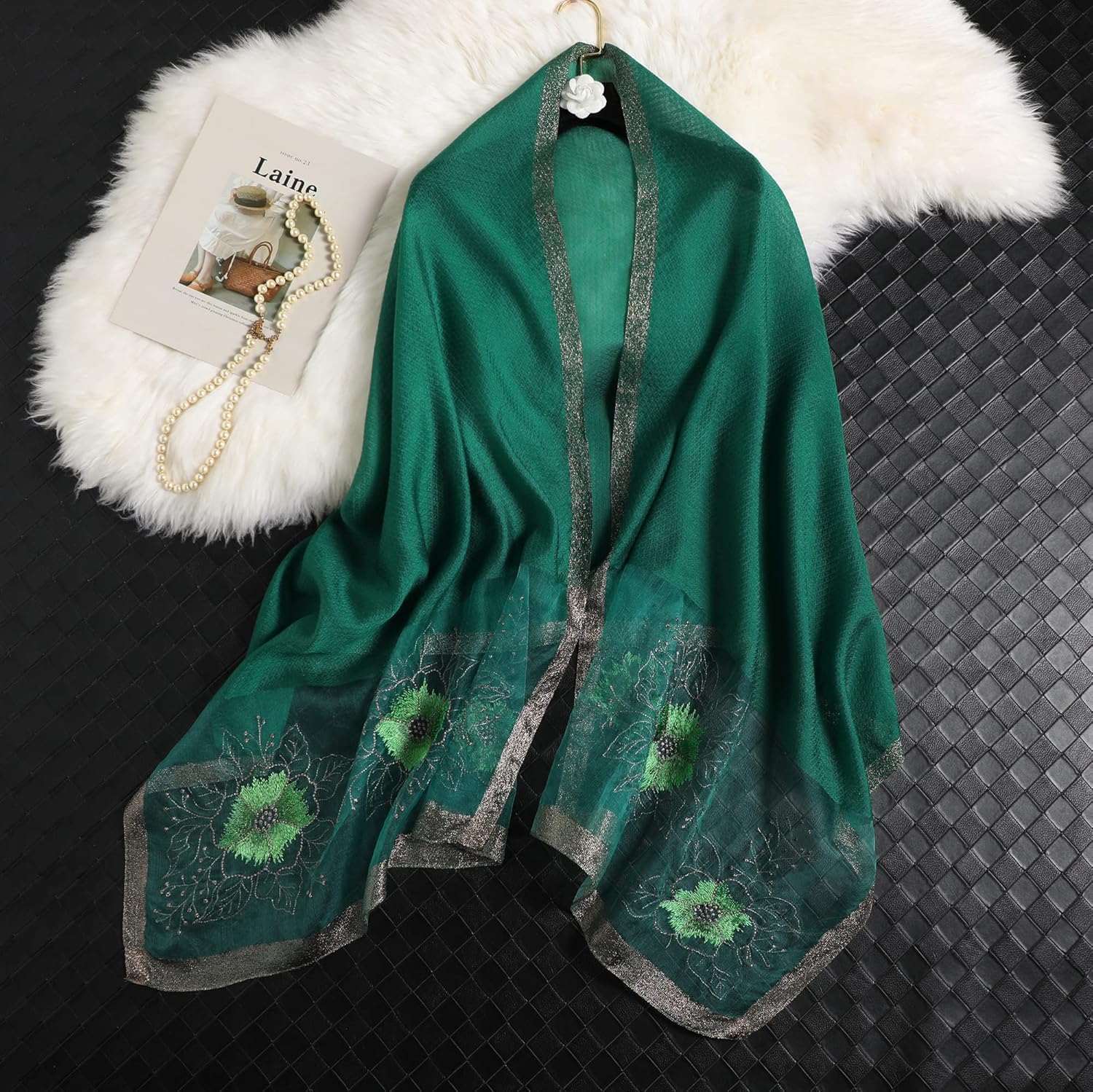 WINCESS YU Women Mulberry Silk Scarf Long & Large Embroidered Floral Pattern Shawl and Wraps Neckerchief for Hair & Neck… - Image 2