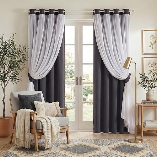 Miniatura 28 de PONY DANCE Cortinas Opacas Transparentes - Cortinas de Doble Capa con Aislamiento Térmico para Dormitorio Comedor, Cortinas para Sala, 52 pulgadas