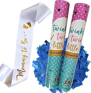 Gender Reveal Cannon Blue Confetti Popper | Mommy to Be Sash in Satin White with Gold Letters | Themed Party: Twinkle Twinkle Little Star (Blue, Set of 2)