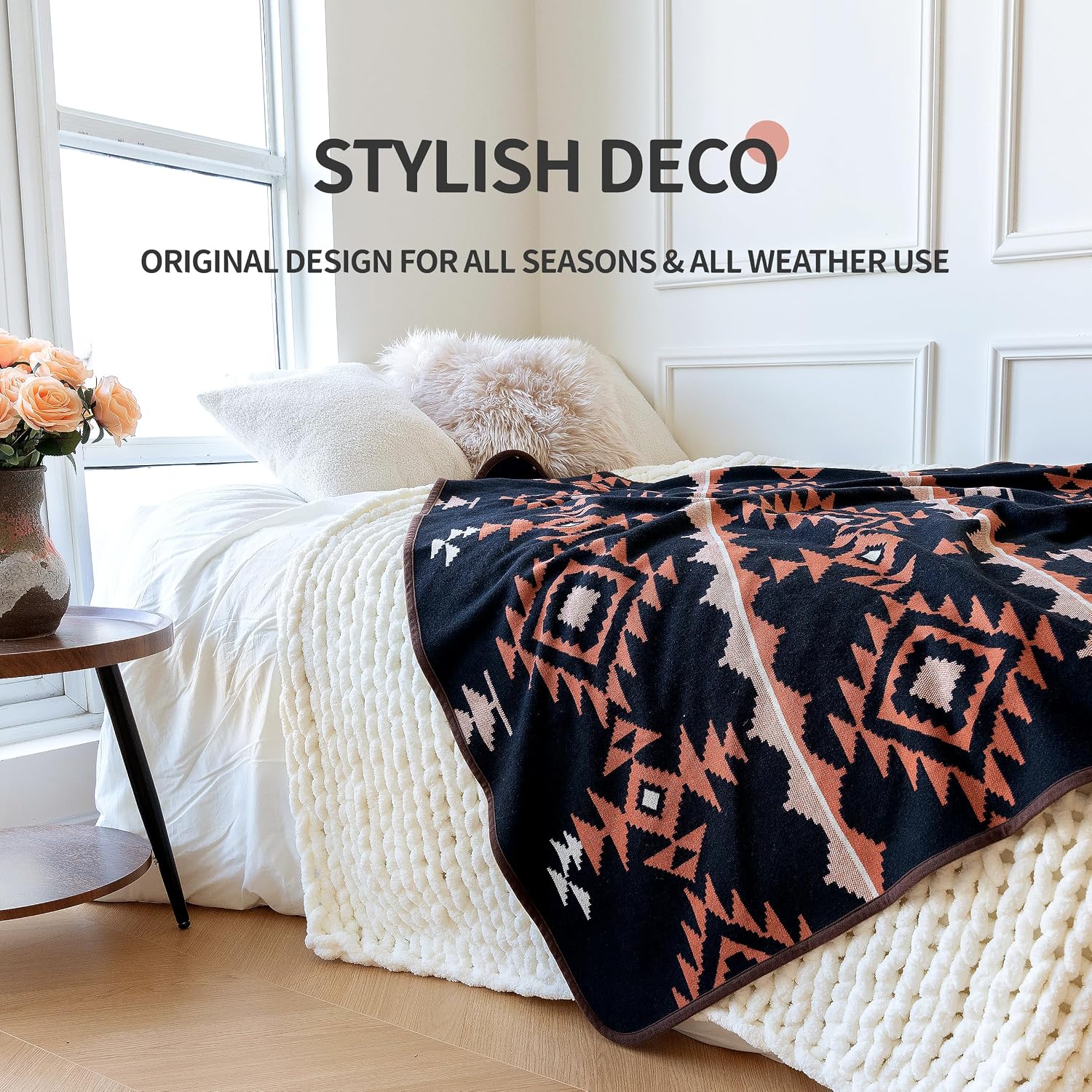 ACUSHLA Merino Wool Blanket Warm Throw Camping Outdoor Car,Morocco Blue M image 2