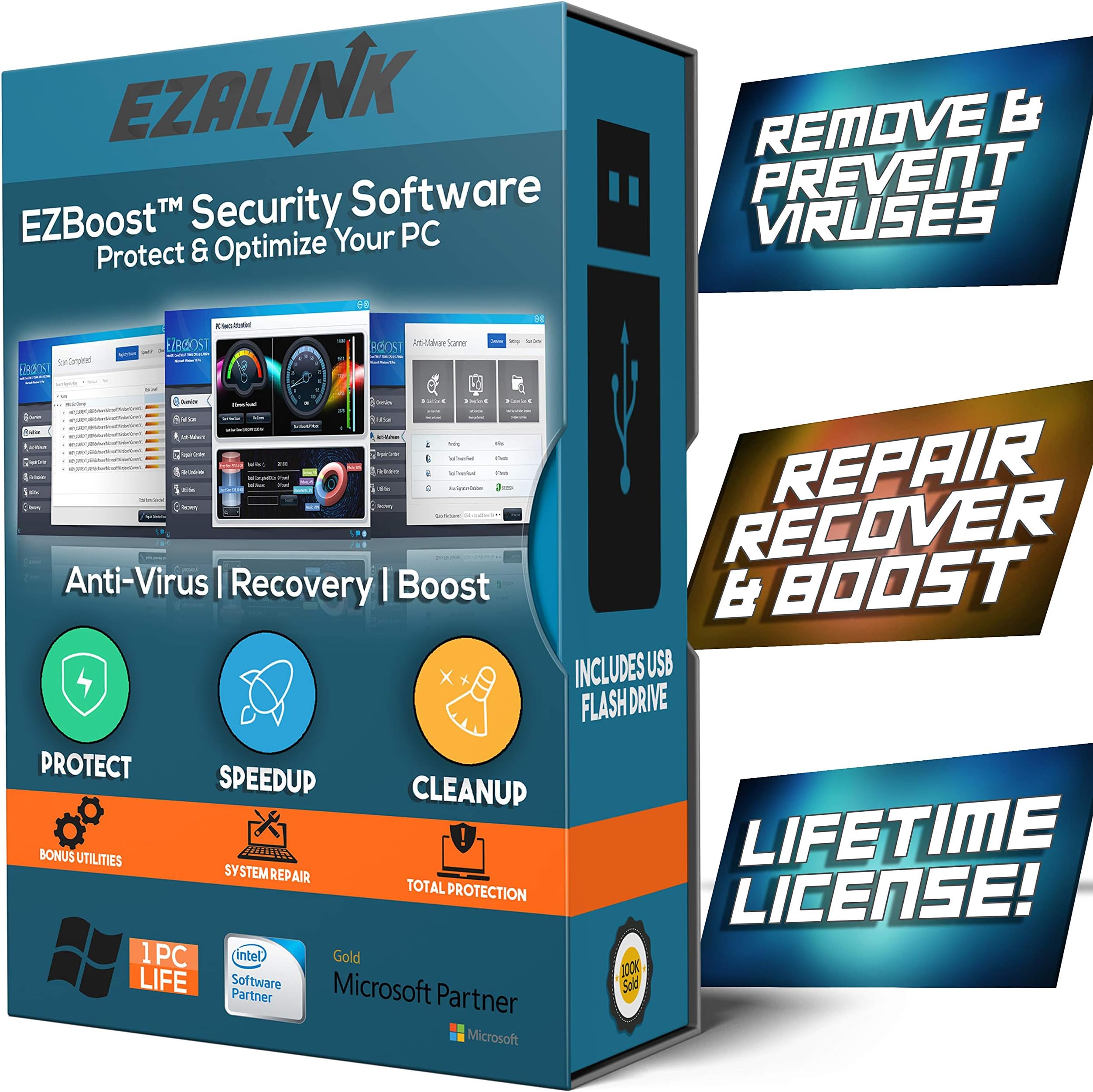 Total Security Antivirus Software for Windows 2019 - Virus Protection, Removal, Scanner with PC Optimizer Tune Up Tools - USB by EzaLink (Pro Lifetime License Key)
