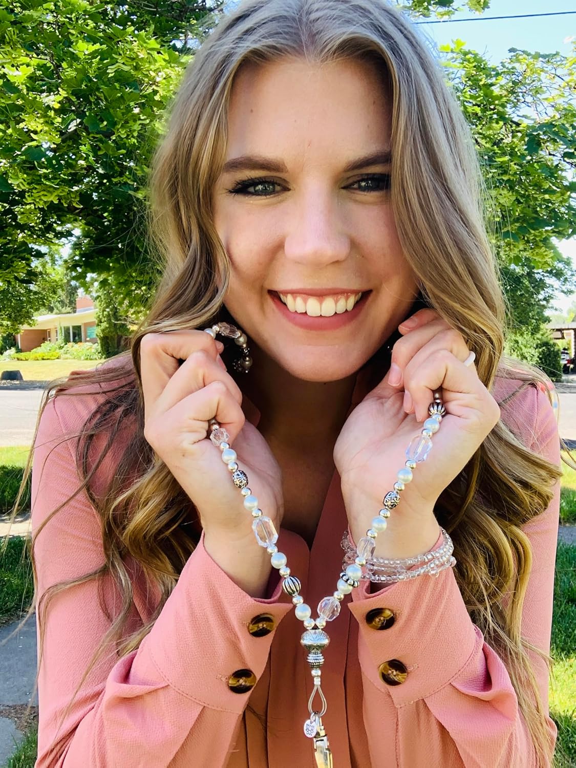 Hidden Hollow Beads Women's Pearl Lanyard Strong Beaded Made in USA ID Badge Card Holder Teacher Nurse Cruise Keys Keychain Phone - Image 3