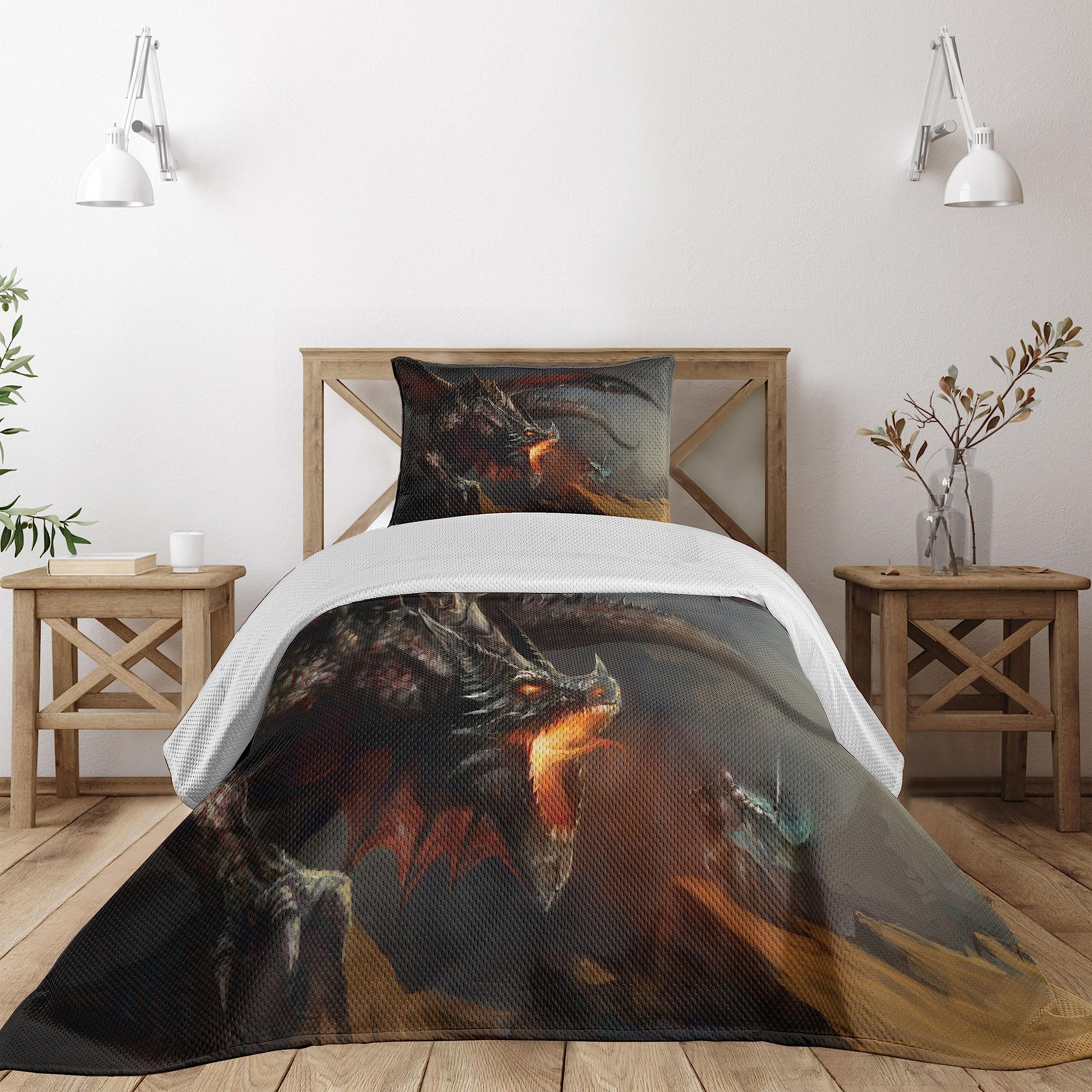 Juego de colcha decorativa con estampado de dragón mitológico y caballero
