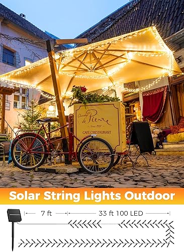 Miniatura 5 de Minetom Guirnalda de luces solares impermeables para exteriores, 40 pies, 100 luces LED con 8 modos de iluminación, luces solares de Navidad