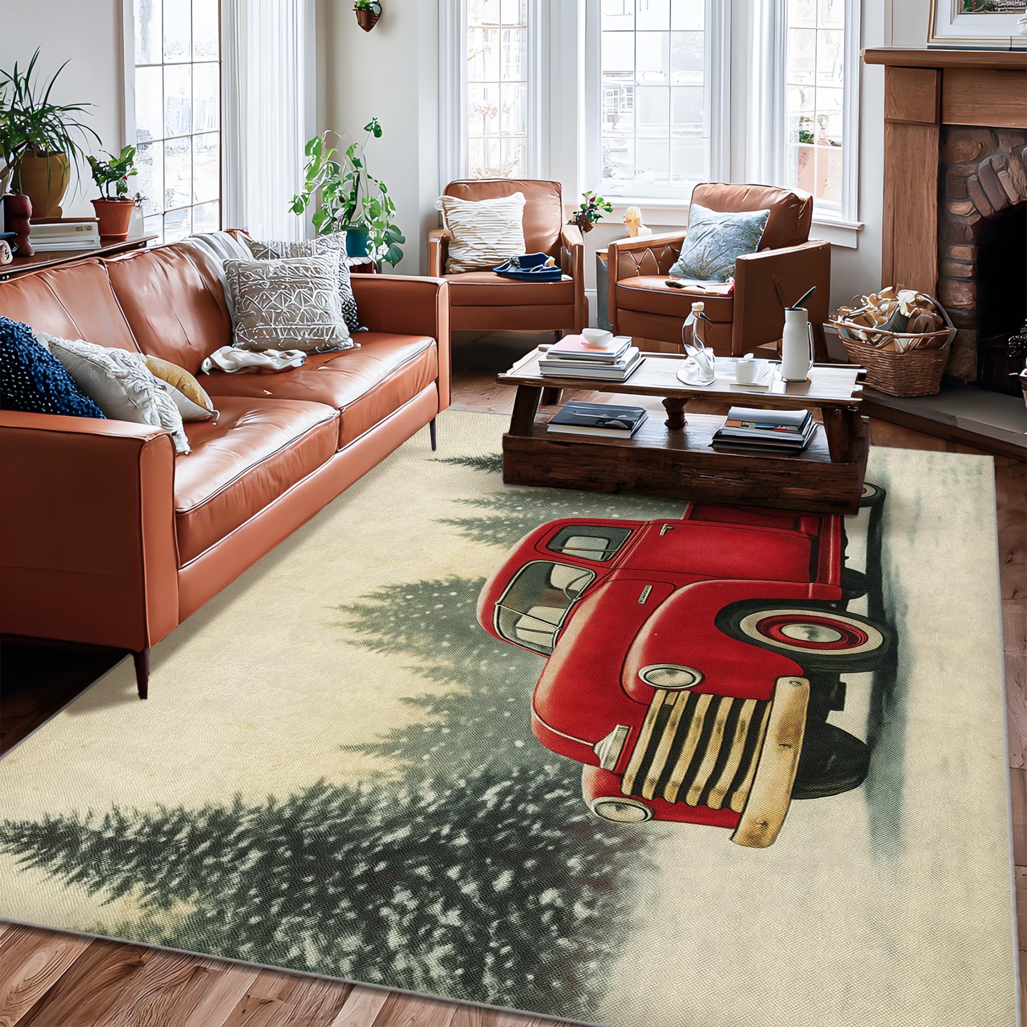 Tapis de sol grand format sapins neige rouge pour bureau et couloir de maison
