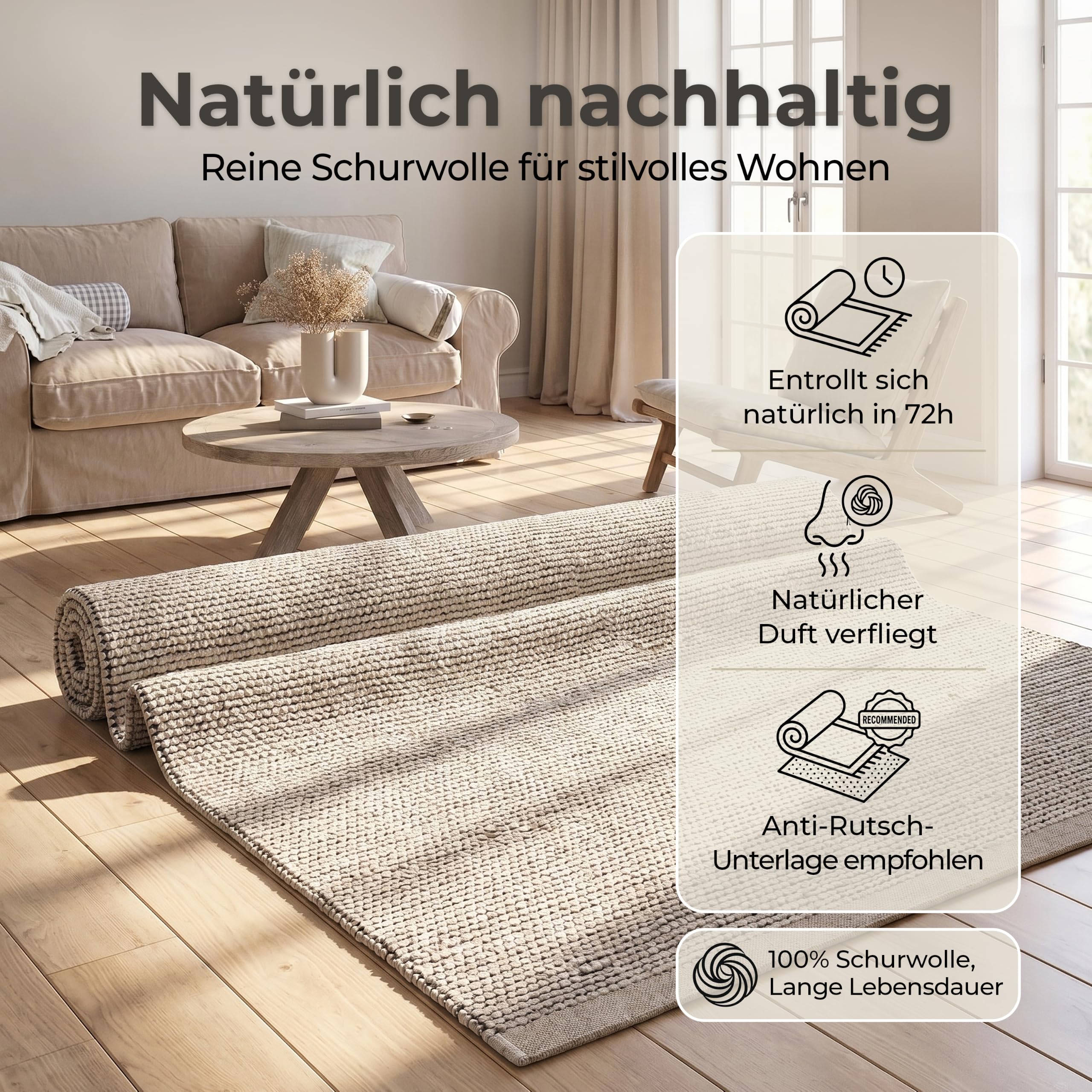 MY-RUG handgewebter Wollteppich 160 x 230 cm aus gewalkter Schurwolle | weicher Teppich aus Wolle | Wohnzimmerteppich, Naturteppich, Wendeteppich, robust & pflegeleicht | Roshni Beige Creme Grau