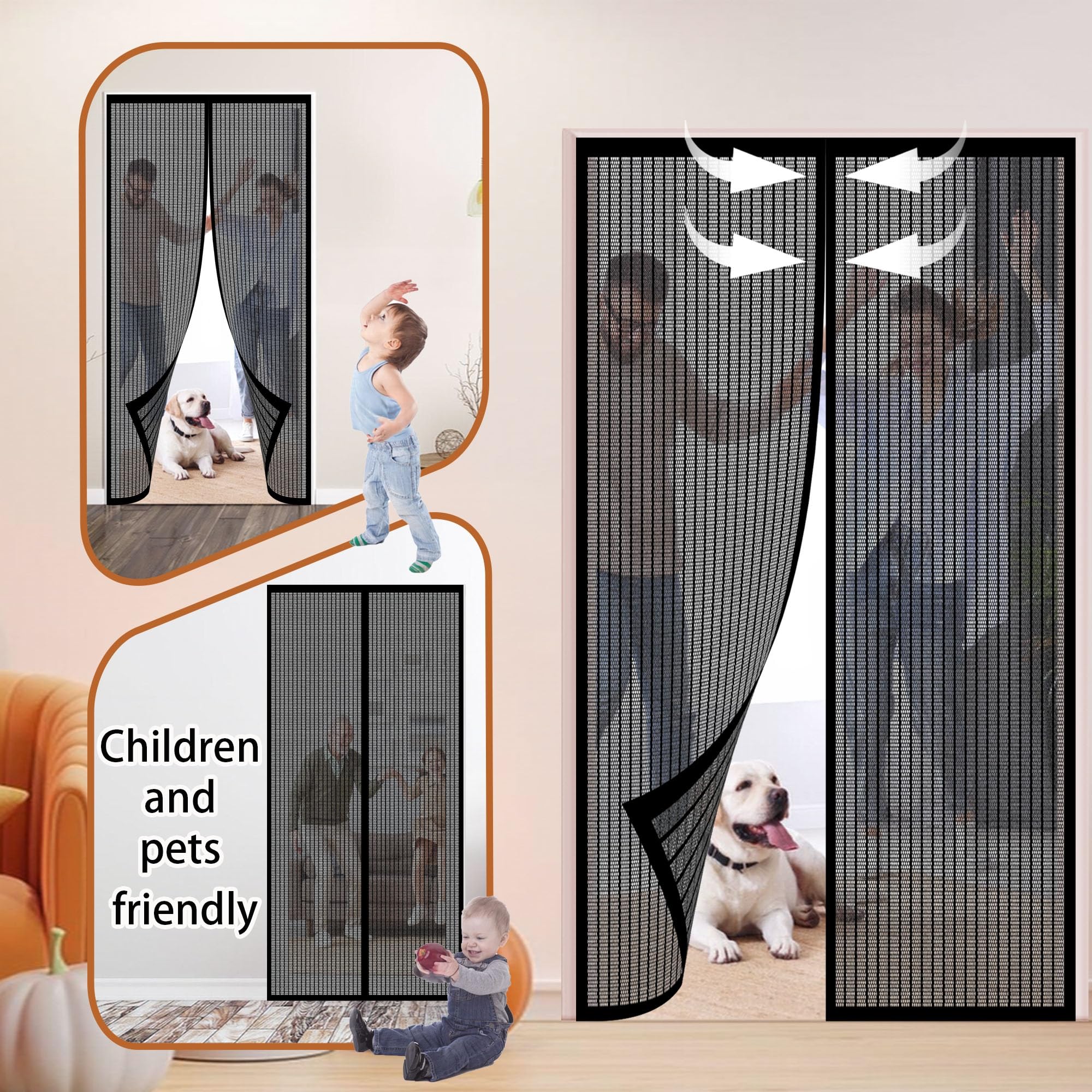 Moustiquaire Porte Fenêtre 164 x 216 cm Différentes Tailles Moustiquaire Ajustable Aimantée Sans Perçage, Fermeture Automatique pour Balcon Salon Chambre Portes, Noir