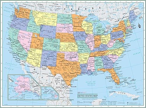 CoolOwlMaps - Póster político de Estados Unidos de 22 pulgadas de ancho x 17 pulgadas de alto, papel enrollado tipo grande