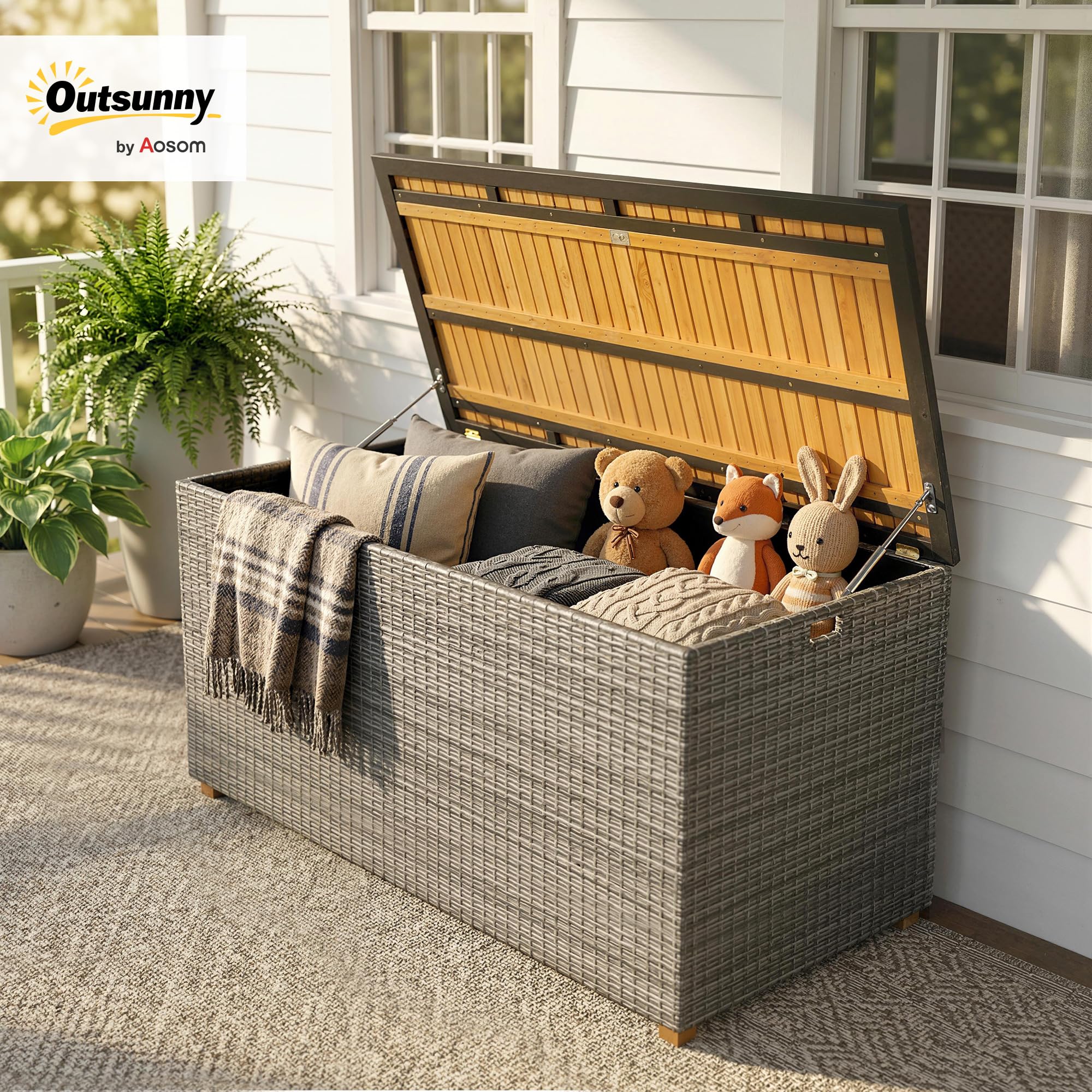 Outsunny Skrzynka ogrodowa 2 w 1, 450 l, z polirattanu, wodoszczelna, z pokrywą z drewna akacjowego FSC, sprężyny gazowe, wyściółka wewnętrzna, odporna na działanie warunków atmosferycznych, pudełko