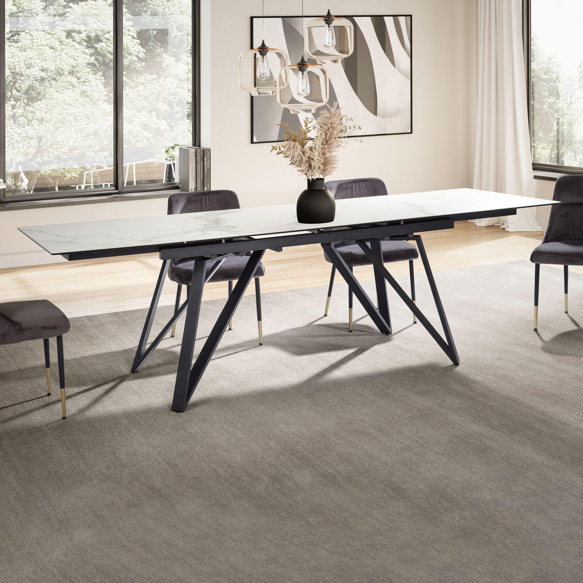 FineBuy Esstisch Ausziehbar 180-260 cm Glas-Keramik Weiß, Geometrisch | Esszimmertisch mit kratzfester und hitzebeständiger Platte, ausziehbare Tafel für bis zu 10 Personen, pflegeleicht