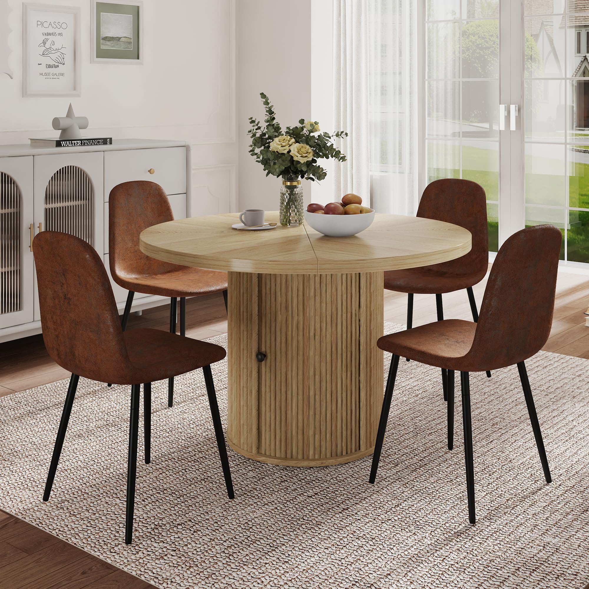 UELKS Round Dining Table Set for 4, 47.2 inch Wood Kitchen Table with Suede Chairs Set of 4, Modern 5 Piece Dinner Table Set with 2-Layer Storage