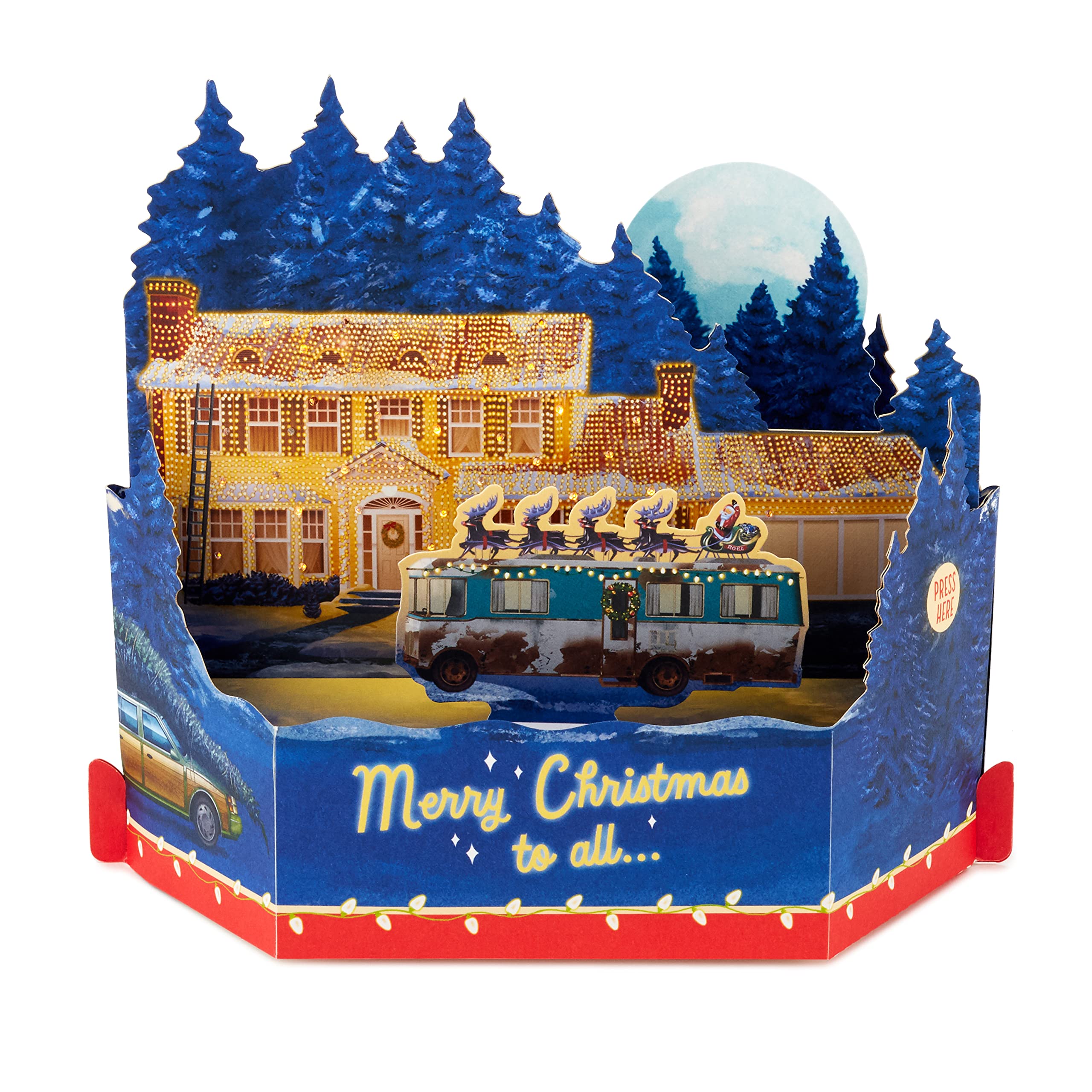 Hallmark Christmas Card, National Lampoon's Vacation, Musical, Light-Up, Pop Up Christmas card, 3D Christmas Card, Paper Wonder, Blue