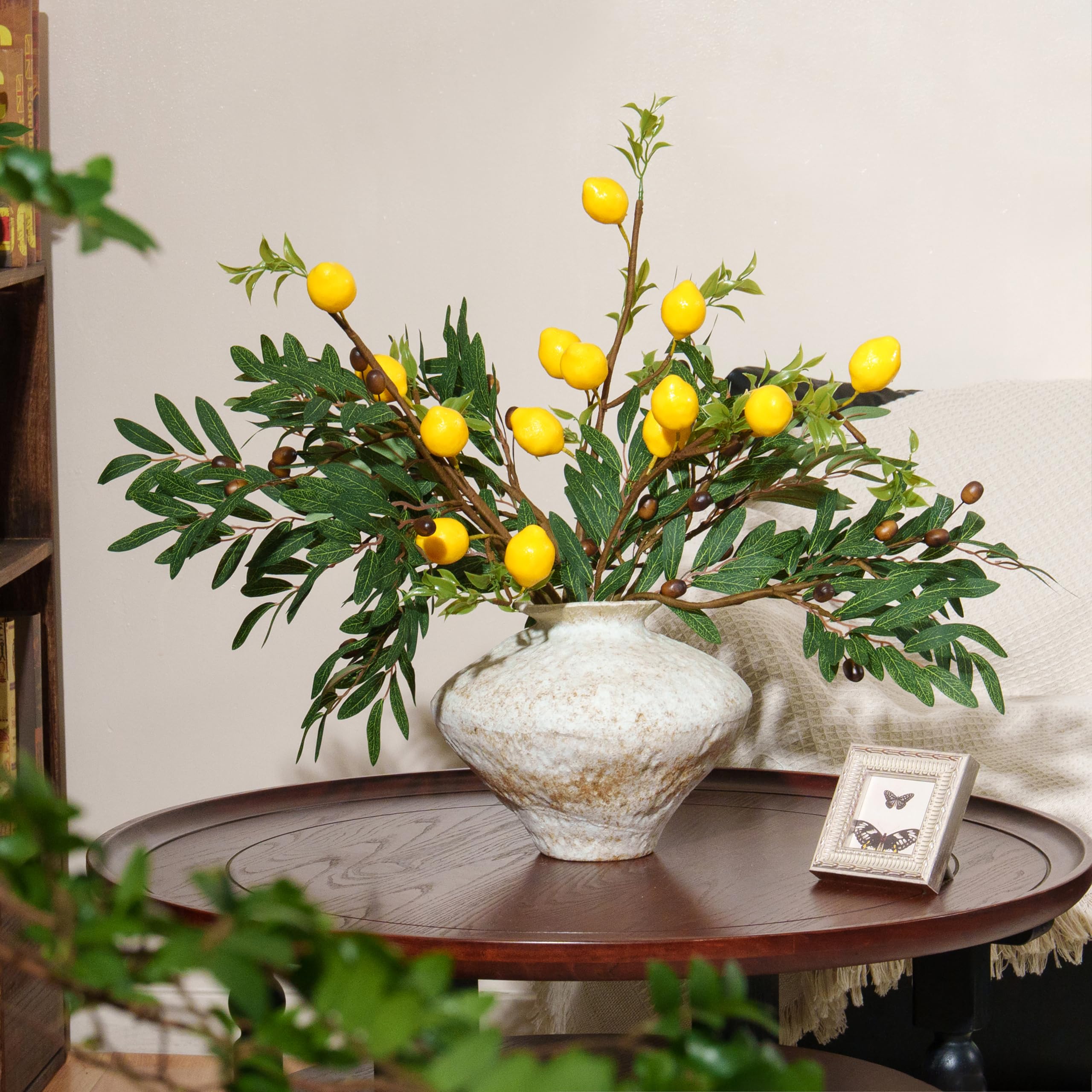 6 Olive Branch Stems + 3 Lemon Branches 24" Set for Vase - Realistic Faux Mediterranean Greenery Citrus Decor for Weddings, Kitchen Decor, Christmas Centerpieces, Bridal Showers Party Decorations