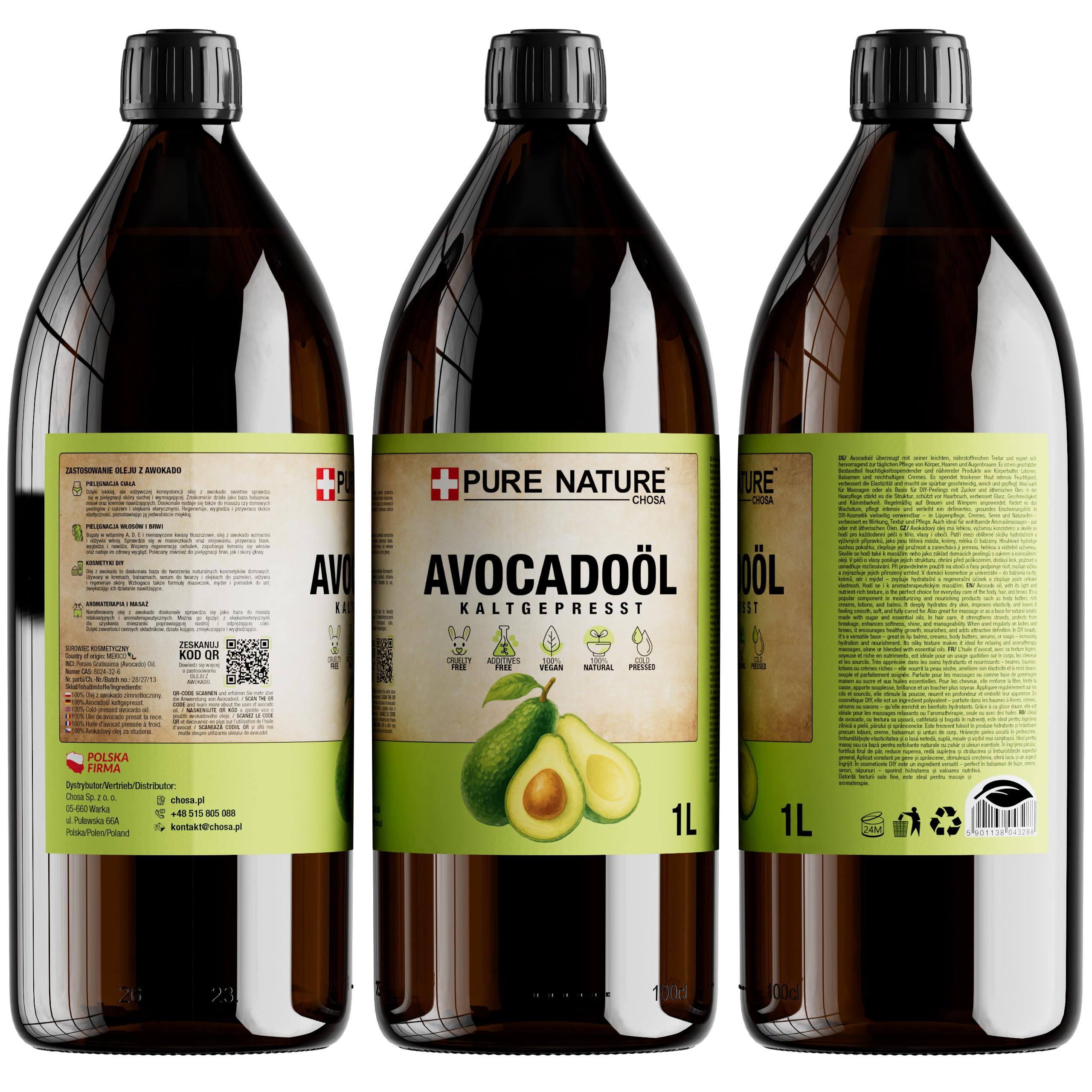CHOSA Bio Avocadoöl Kaltgepresst Nativ 1 liter - Avocado Öl 100% Reines ohne Zusatzstoffe - Avocado Oil Für Gesicht, Haare, Körper, Haut, Nägel, Kosmetik - 1l, 1000 ml
