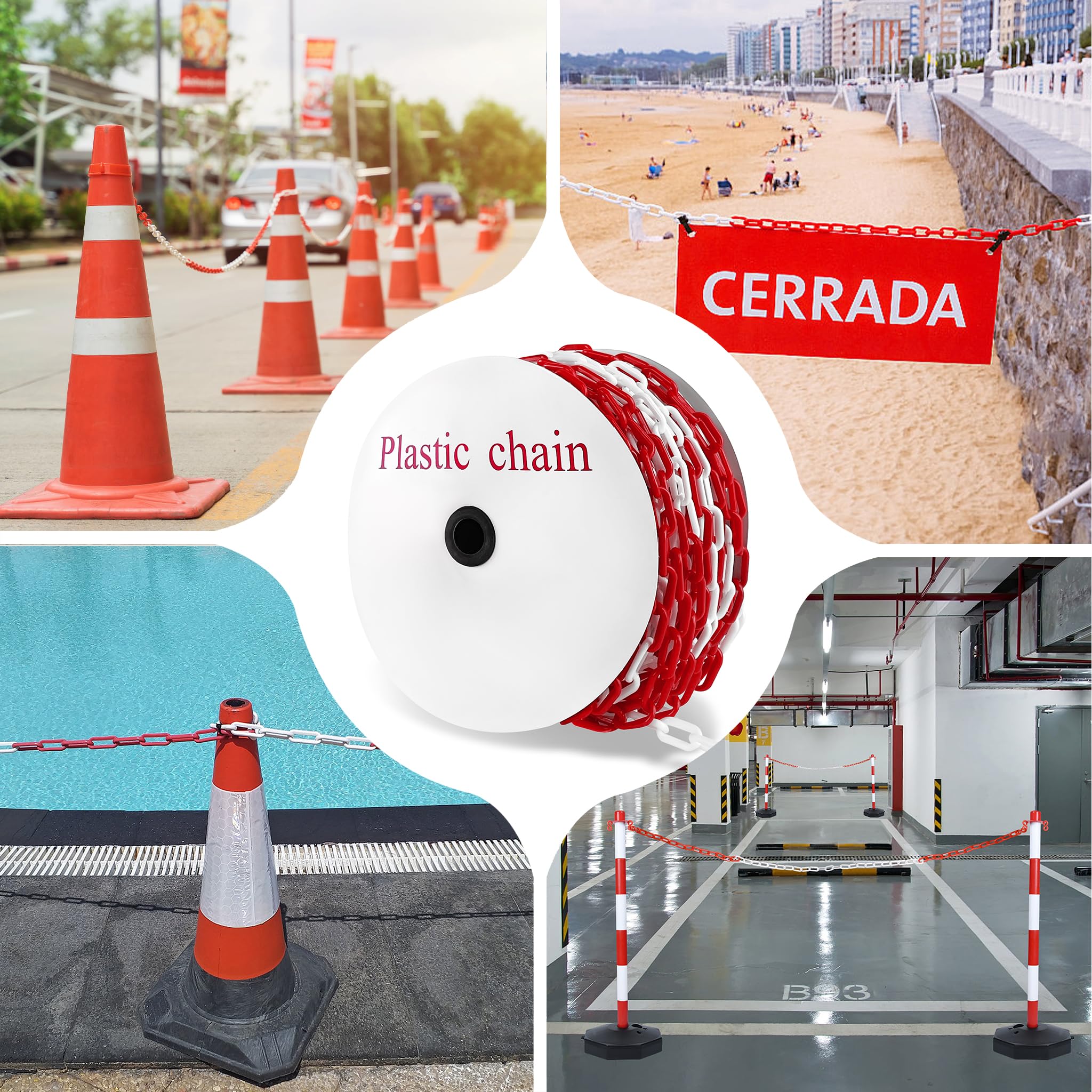 Froadp Catena di sicurezza in plastica, 50 m, colore rosso, bianco, diametro 6 mm, catena di sicurezza per cantieri, parcheggio, catena per bloccare superfici