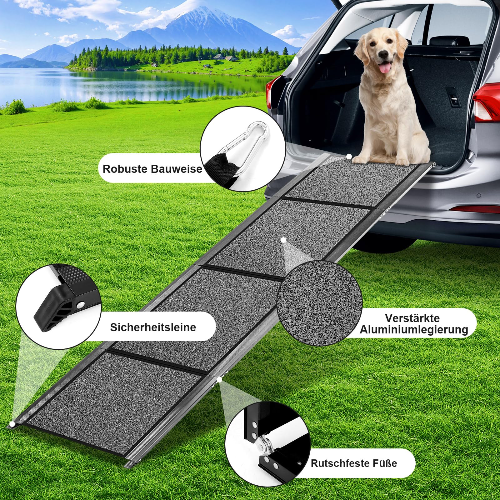 Hunderampe Auto Klappbar, 180CM x 50CM Extra Breit Hunderampe für große Hunde, Aluminium Hundetreppe Auto mit Schaumstoffgriff, bis 130 kg, rutschfest Rampe Hund für Autos, LKWs und SUV