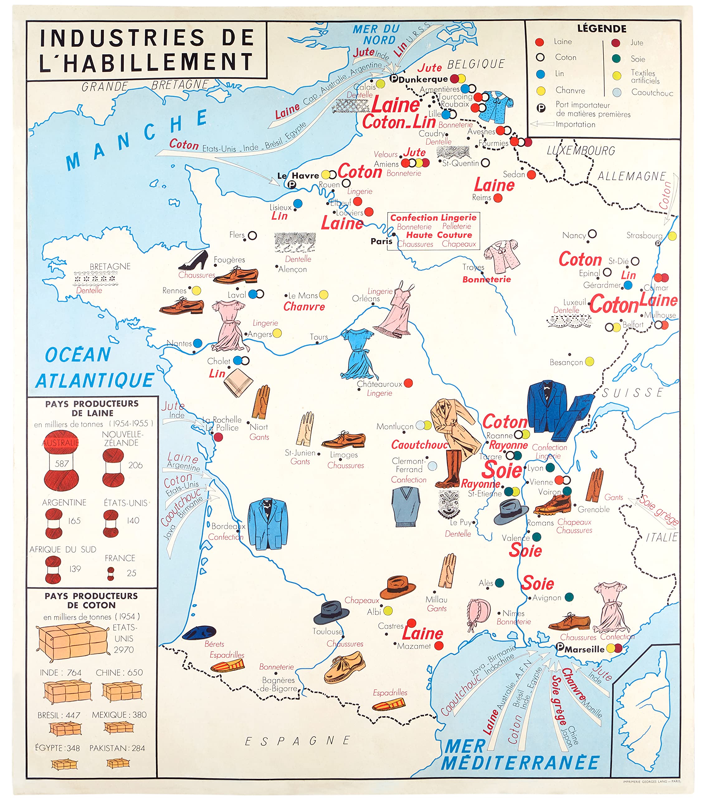 Carte Ancienne De La France Industrielle, Extraite D'un Livre De 1967, Bon état