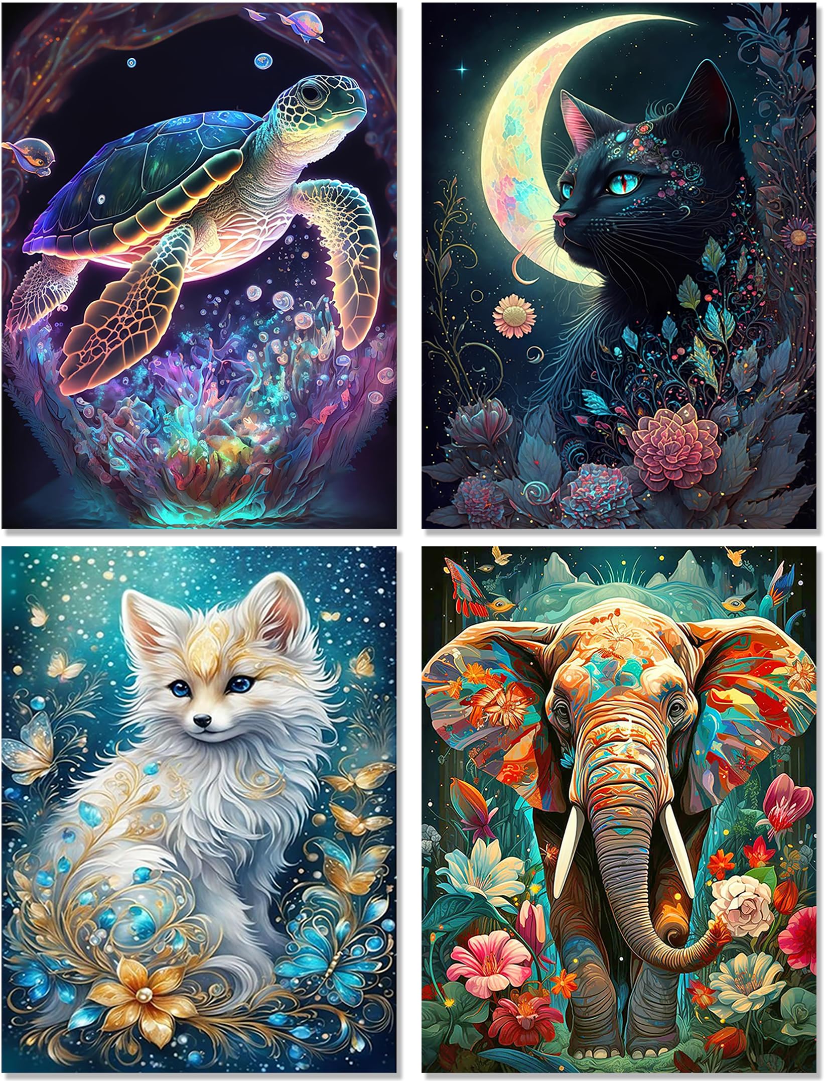 4 Pack Animal Diamond Painting Kit for Adults Cat Diamond Art Fox Kits for Adults Turtle Diamond Painting Elephant Full Drill Round Diamond Gem Art Dots Kits for Home Wall Decor (11.8 * 15.8 inch)