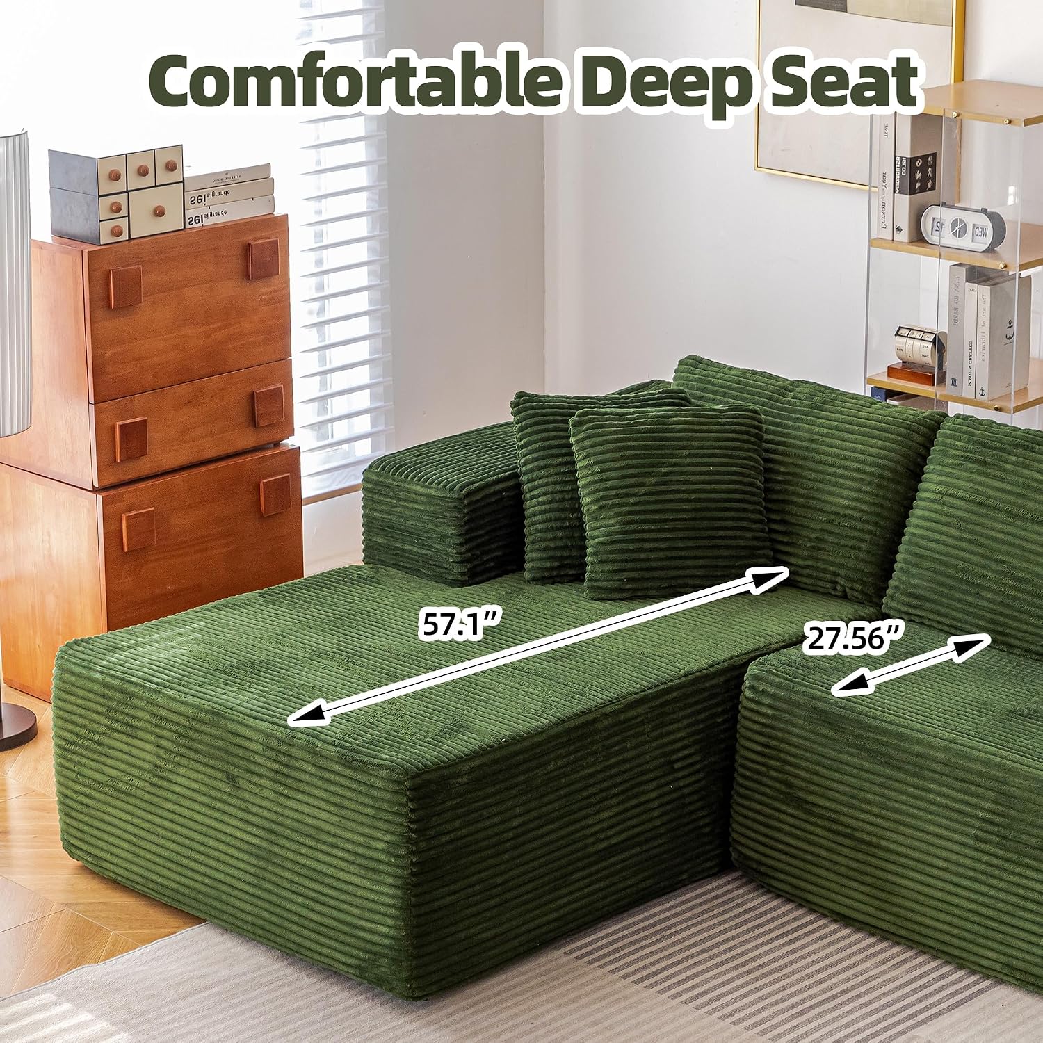 HOMREST 106" Cloud Sectional Couch with Chaise Lounge, L-Shape Modular Sectional Boneless Sofa with Deep Seat, Upholstered Couches for Living Room Bedroom, No Assemble, Green (Plush Corduroy Fabric)