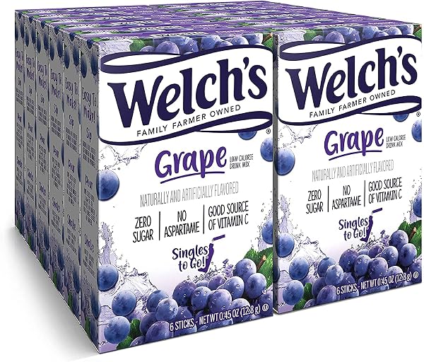 Welch's Singles To Go Water Drink Mix - Powder Sticks, 12 Boxes with 6 Packets Each - 72 Total Servings, Grape, 0.45 Ounce (Pack of 12), Grape