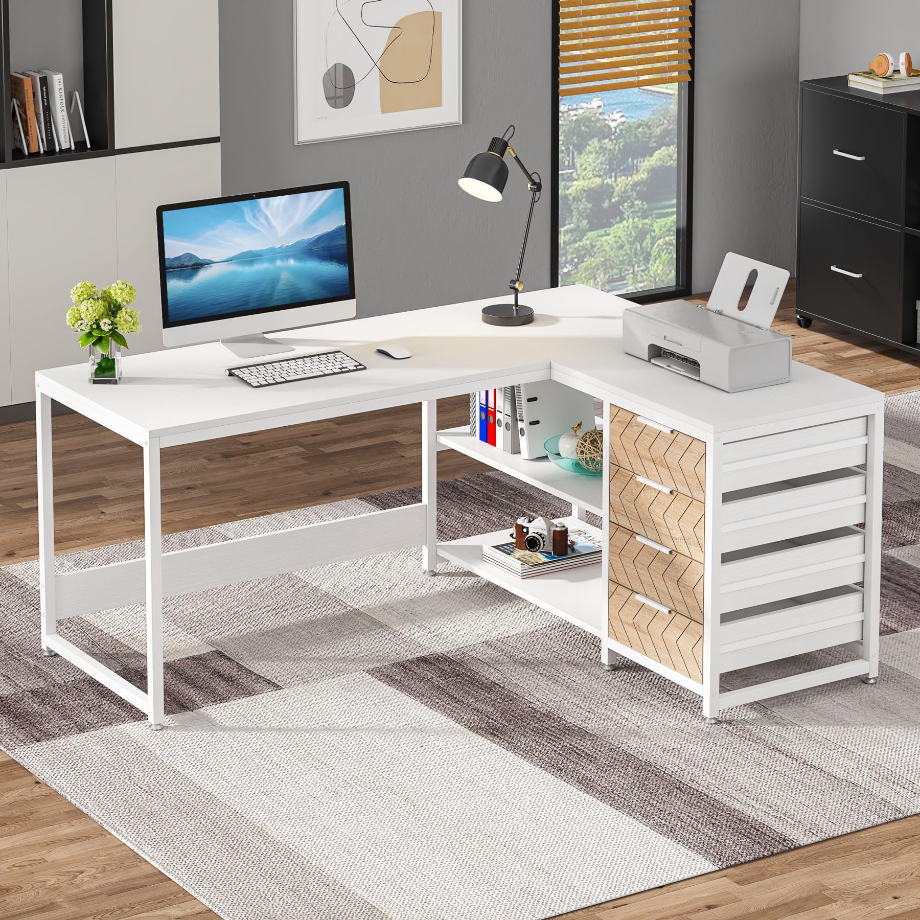 Tribesigns Schreibtisch mit 4 Schubladen, L-förmiger Computertisch mit 2 Ablagen, Reversible Eckschreibtisch für Büro,Arbeitszimmer, Wohnzimmer,155×110×75cm (weiß)