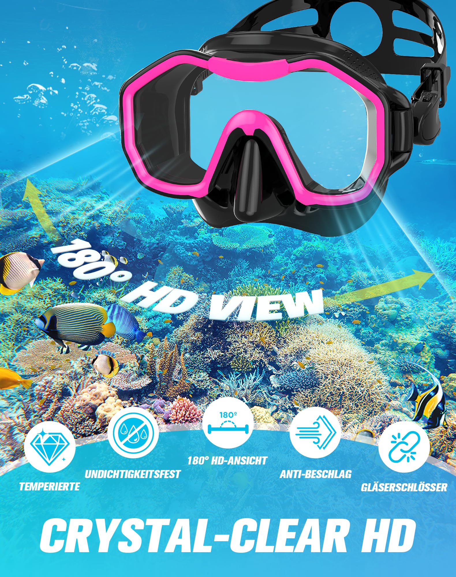 Schnorchelset Erwachsene, 2er-Set, Schnorcheln Set mit Panorama Schnorchelmaske und Dry Schnorchel, Anti-Fog wasserdichte Tauchmaske aus Gehärtetem Glas für Tauchen, Schnorcheln, Schwimmen