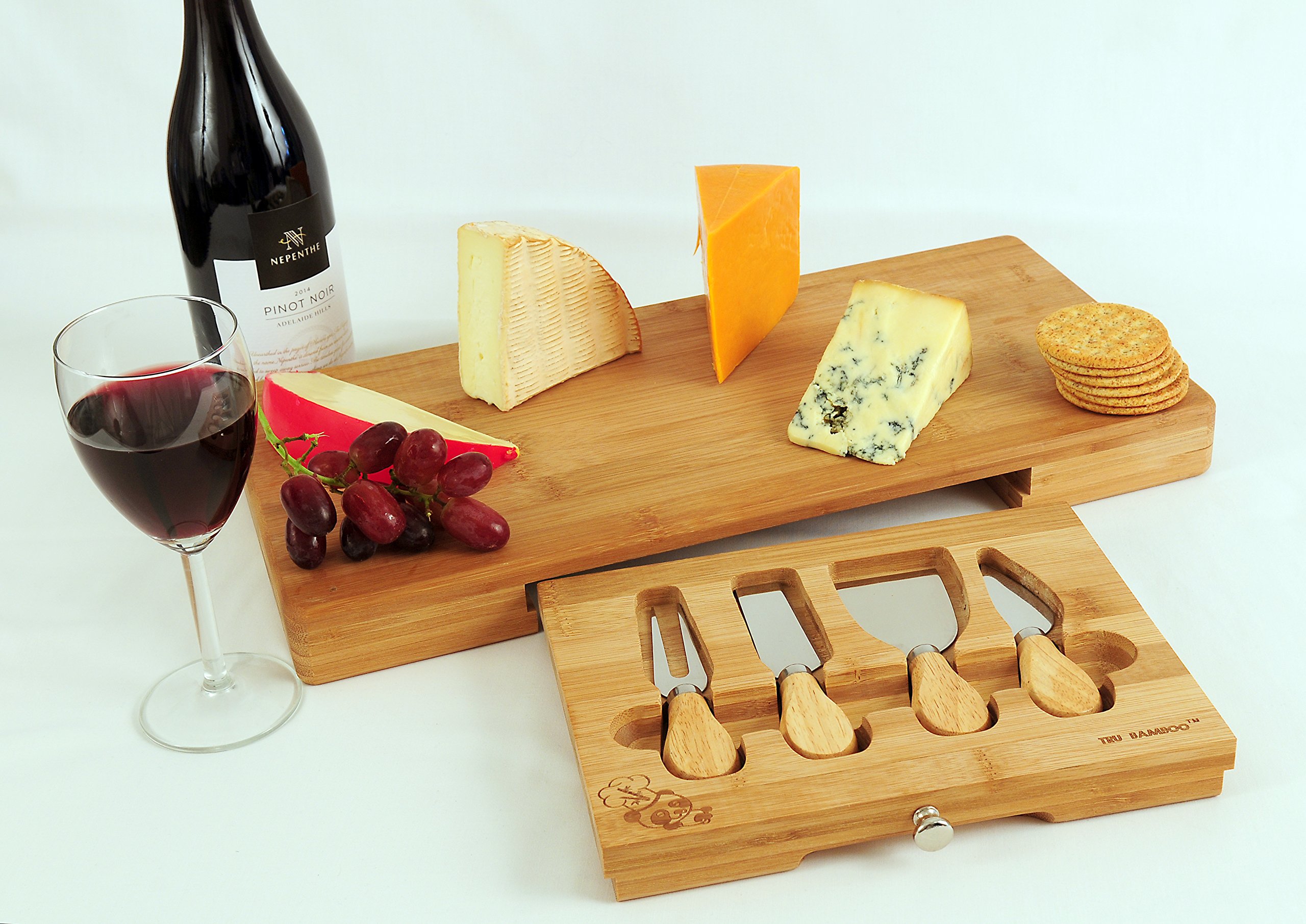 Trubamboo Silver Extra Large Cheese Board With Integrated Speciality Knife / Cutlery Tool Compartment | Largest Cheese Board With Knife Set | Bamboo Cheeseboard And Knives Gift Set | Charcuterie Platter Serving Tray
