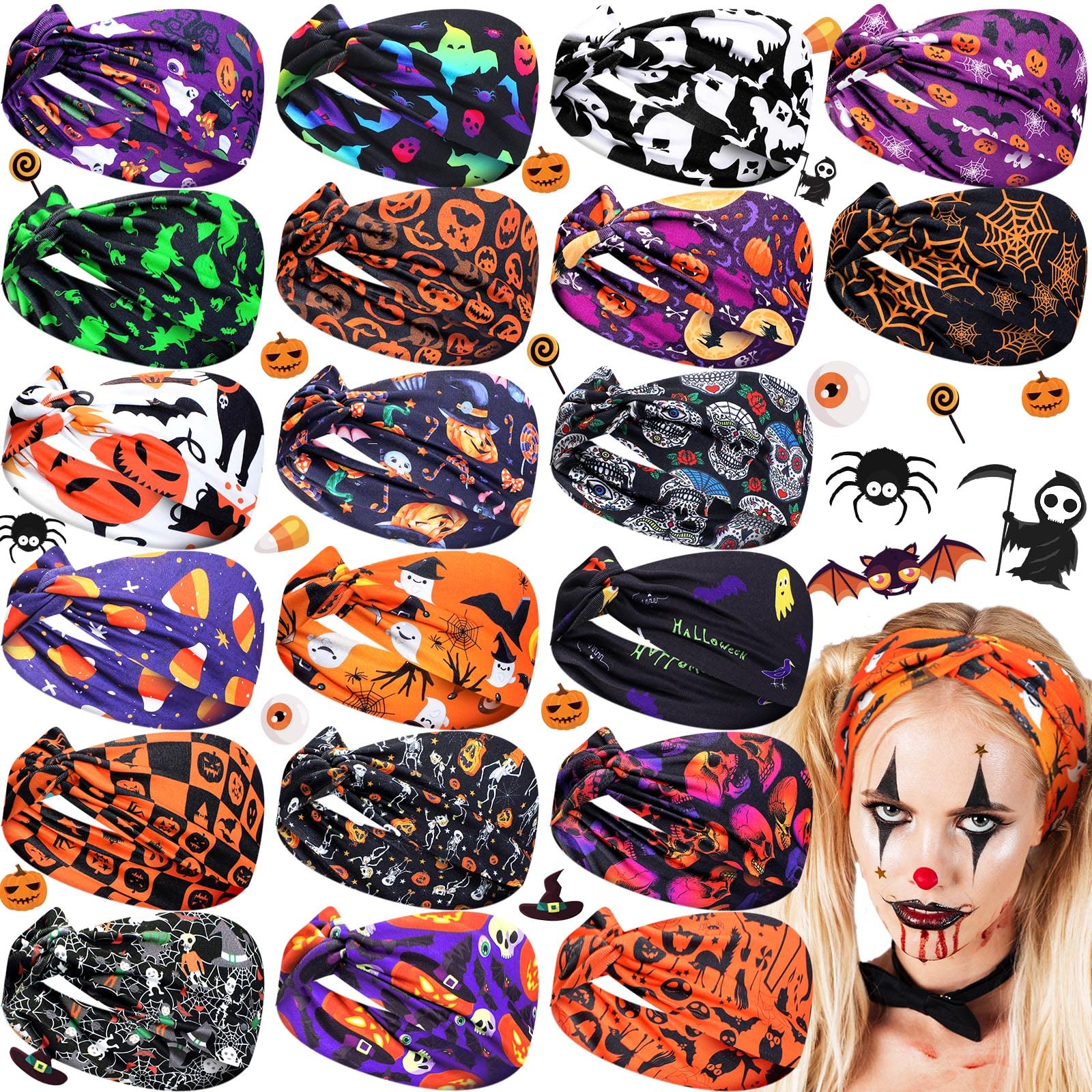 Hoteam 20 Pcs Halloween Headbands Elastic Non Slip Hair Accessories Spider Web Pumpkin Witch Hat Skull Skeleton Pattern Hairband (Spooky), Spooky, 9 x 4 inches/