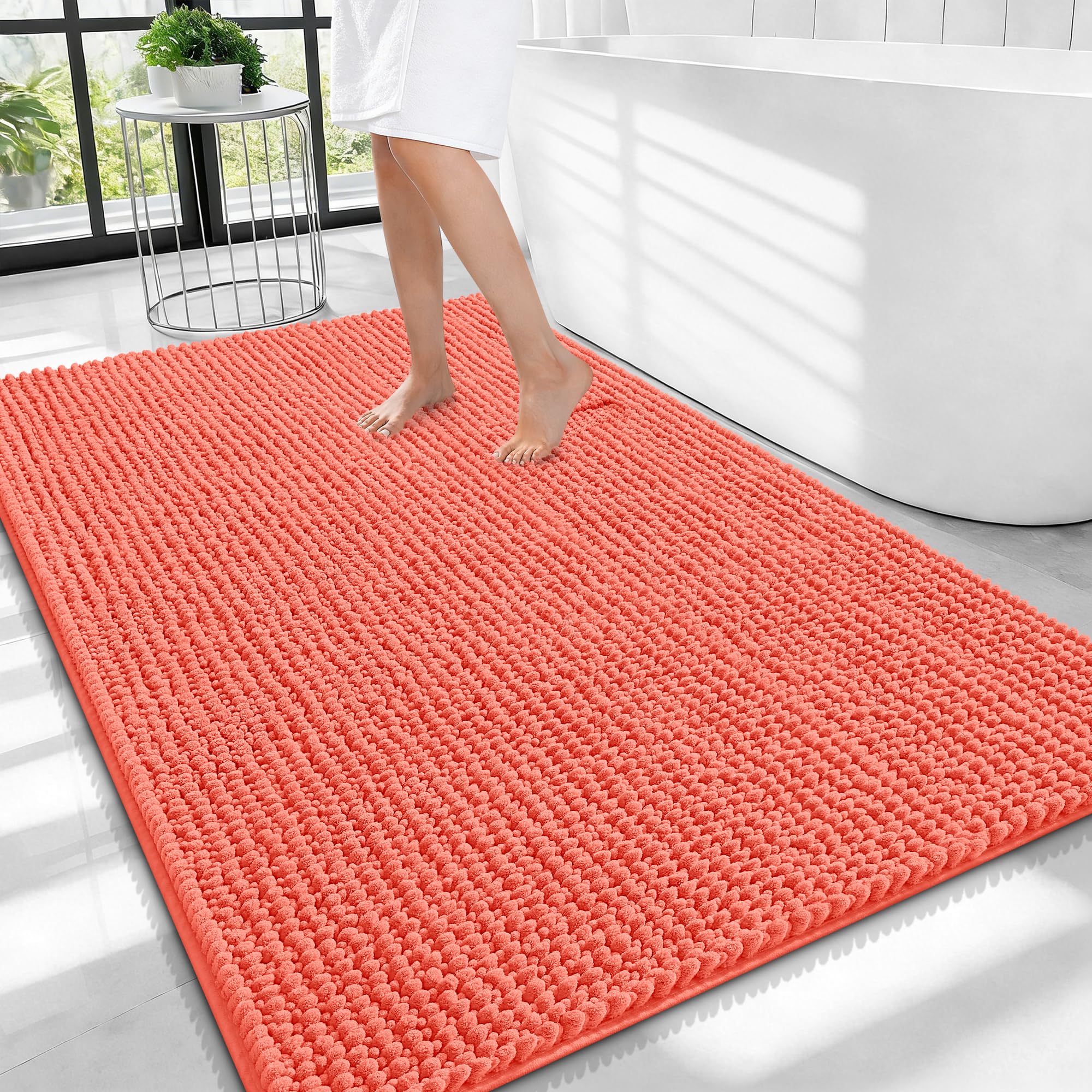OLANLY Thick Chenille Large Bathroom Rugs 40x32, Absorbent Bath Mat, Coral