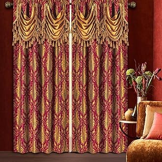 Loom and Mill Luxury Red Damask Window Curtains with Attached Waterfall Valances and Tiebacks, Classic Jacquard Blackout Curtains 2 Panels for Bedroom Living Room, Rod Pocket(52”Wx 84”L, 2 Panels)