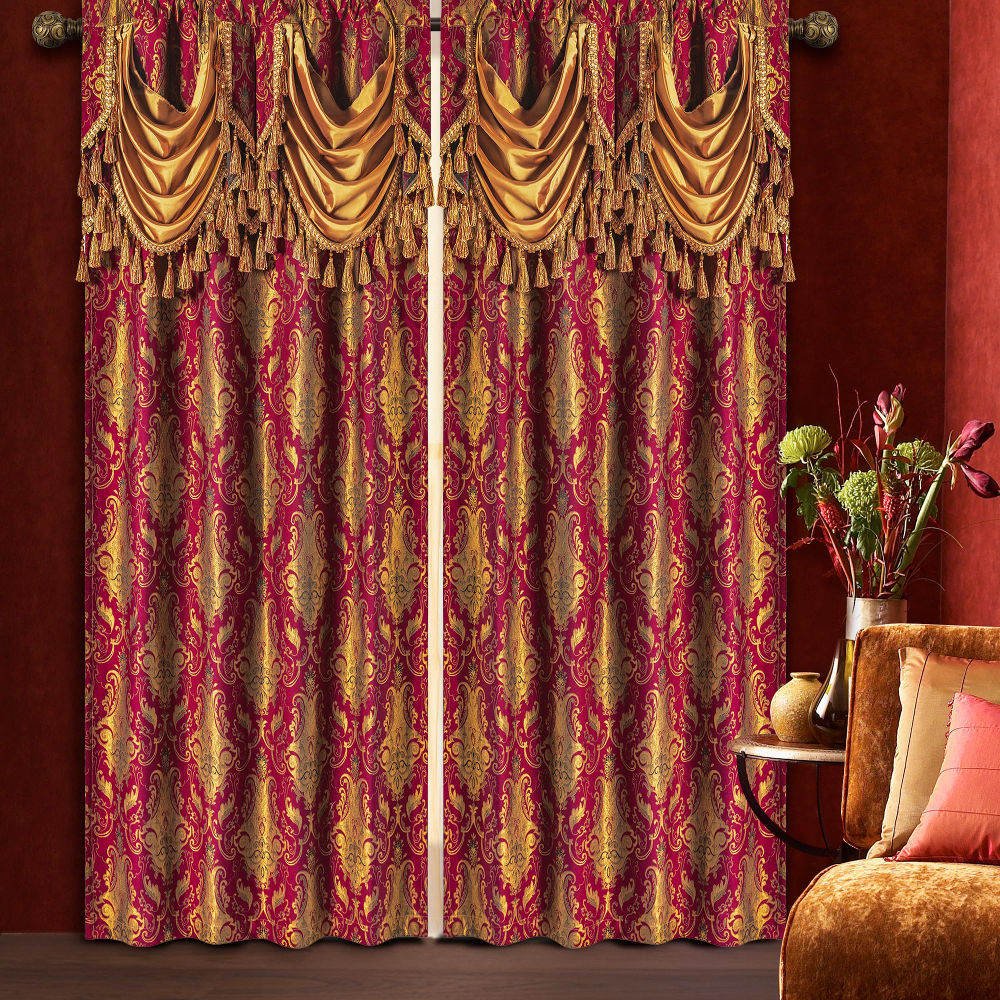 Loom and Mill Luxury Red Damask Window Curtains with Attached Waterfall Valances and Tiebacks, Classic Jacquard Blackout Curtains 2 Panels for Bedroom Living Room, Rod Pocket(52”Wx 84”L, 2 Panels)