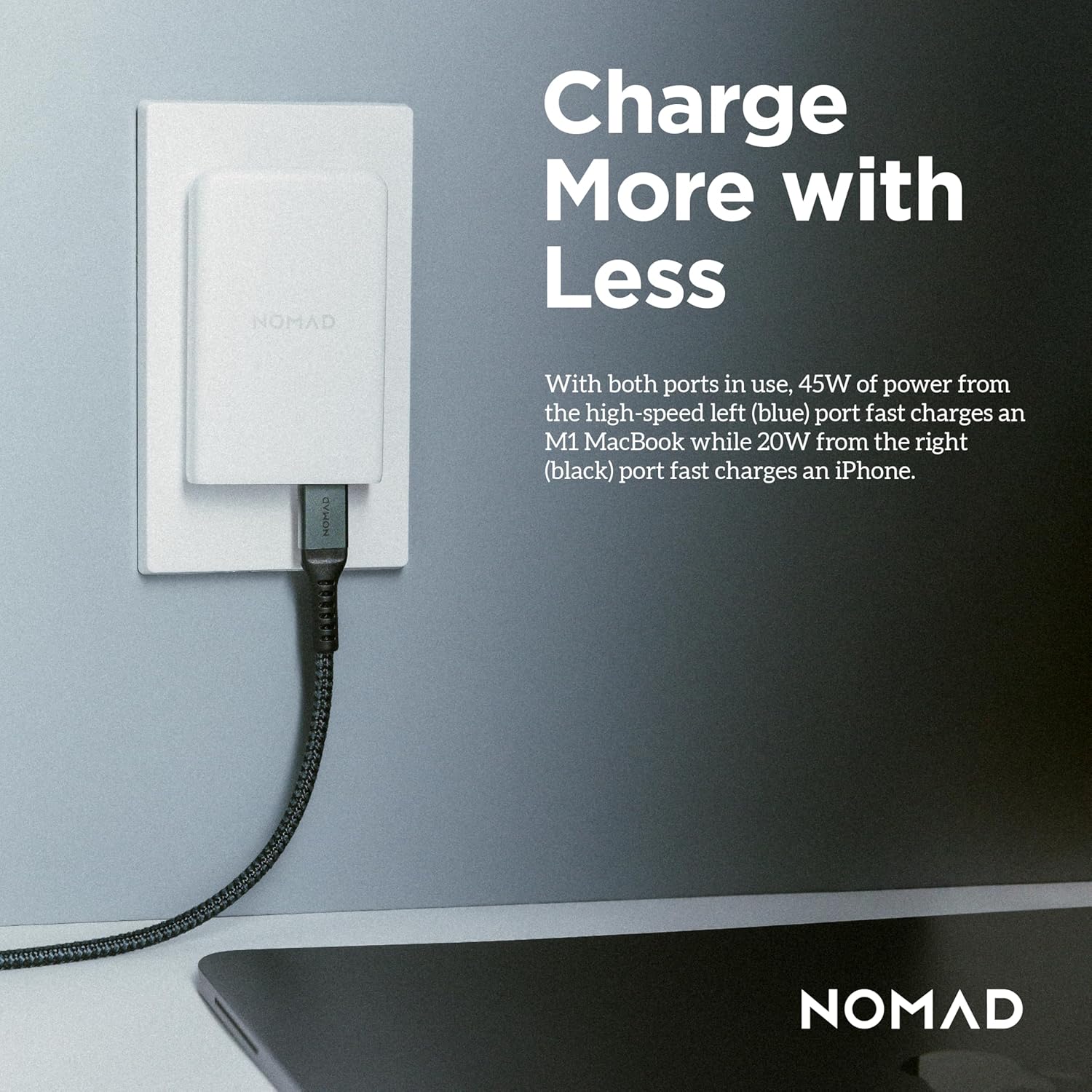 Nomad Slim Power Adapter, Flat Wall Charger with Dual USB C Cable Ports, Slim Block with Fast Charge Ports, Charger Block Flat USB C Plug (White 65W)