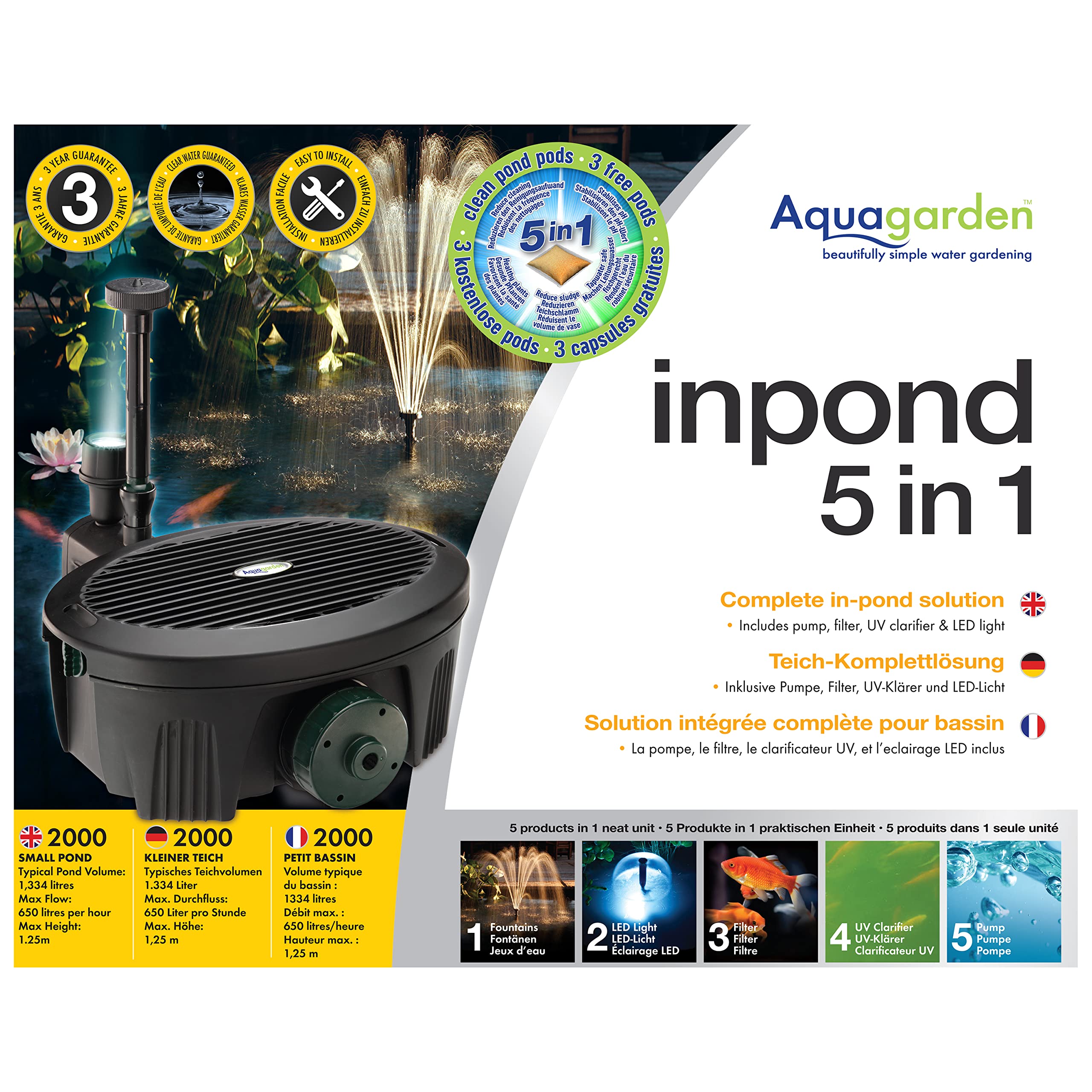 Aquagarden Inpond 2000, pompa per laghetto e acqua, filtro, chiarificatore UV, faretto LED e fontana, soluzione completa per un laghetto pulito, limpido e bello, per laghetti fino a 2000 litri, nero