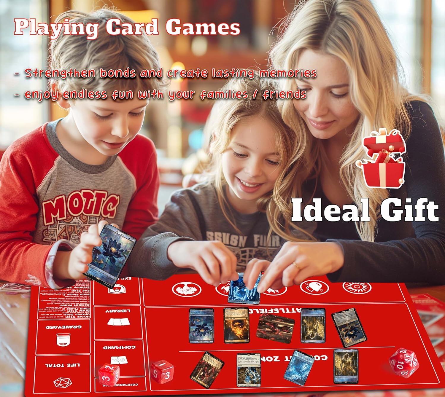 Card Game Playmats MTG Playmat for Beginner 2 Pack with Dices, Magic Mat Commander Deck Card Playmat for TCG MTG Accessories Play Mat 24x14 Inches Duel Card Battles, Black/Red