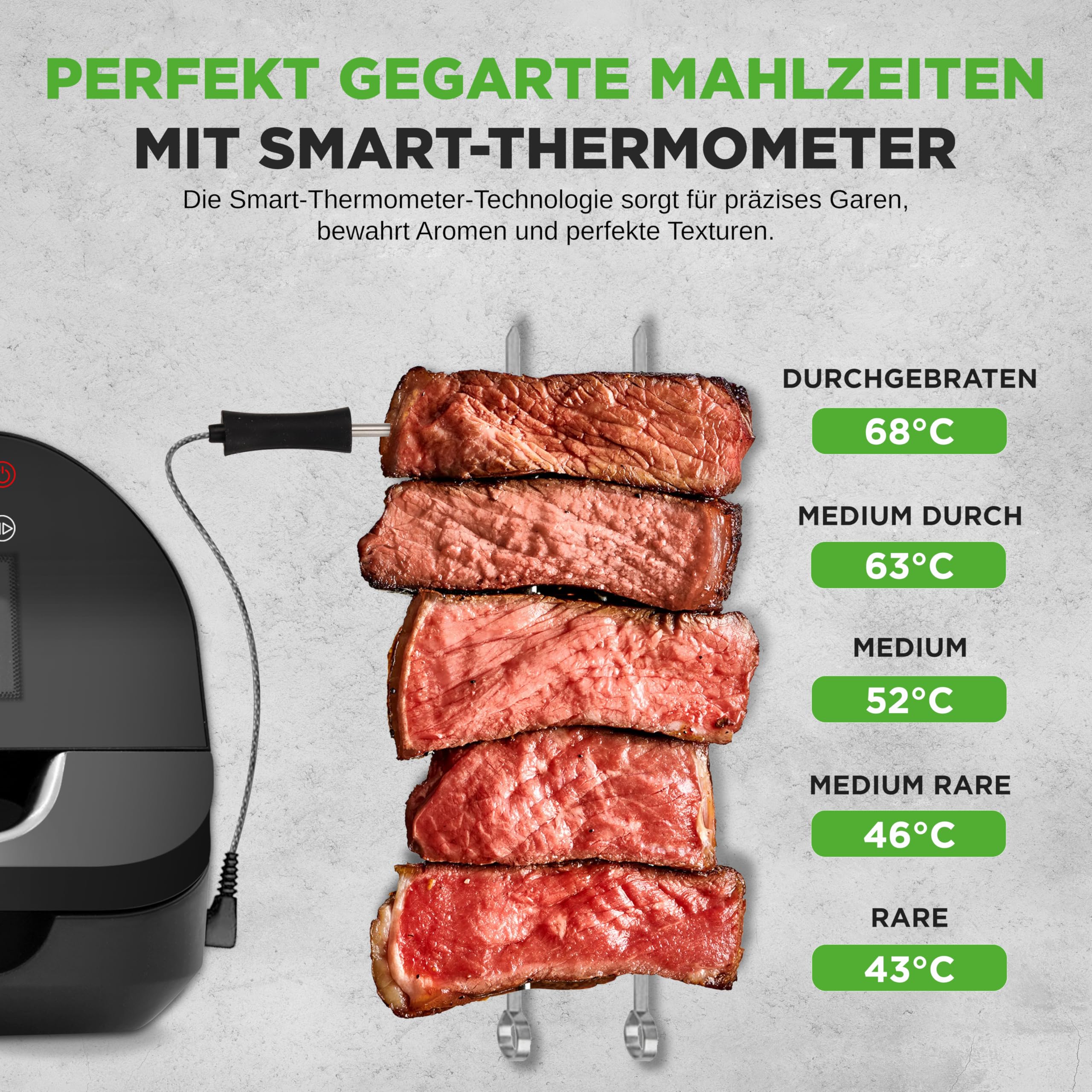 NutriChef Elektrogrill mit Heißluftfritteuse – Rauchfreier Tischgrill mit Smart-Thermometer | 7 Kochfunktionen | 6L | Küchengrill Innen, Schwarz