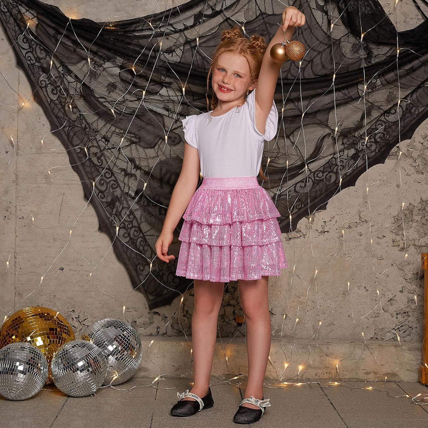 Girls Metallic Sequin Skirt Ruffle Sparkle Shiny Skirts Dance Outfit Party Scooter Elastic Waist 3-Layers Skorts for 6-13Y - Image 3
