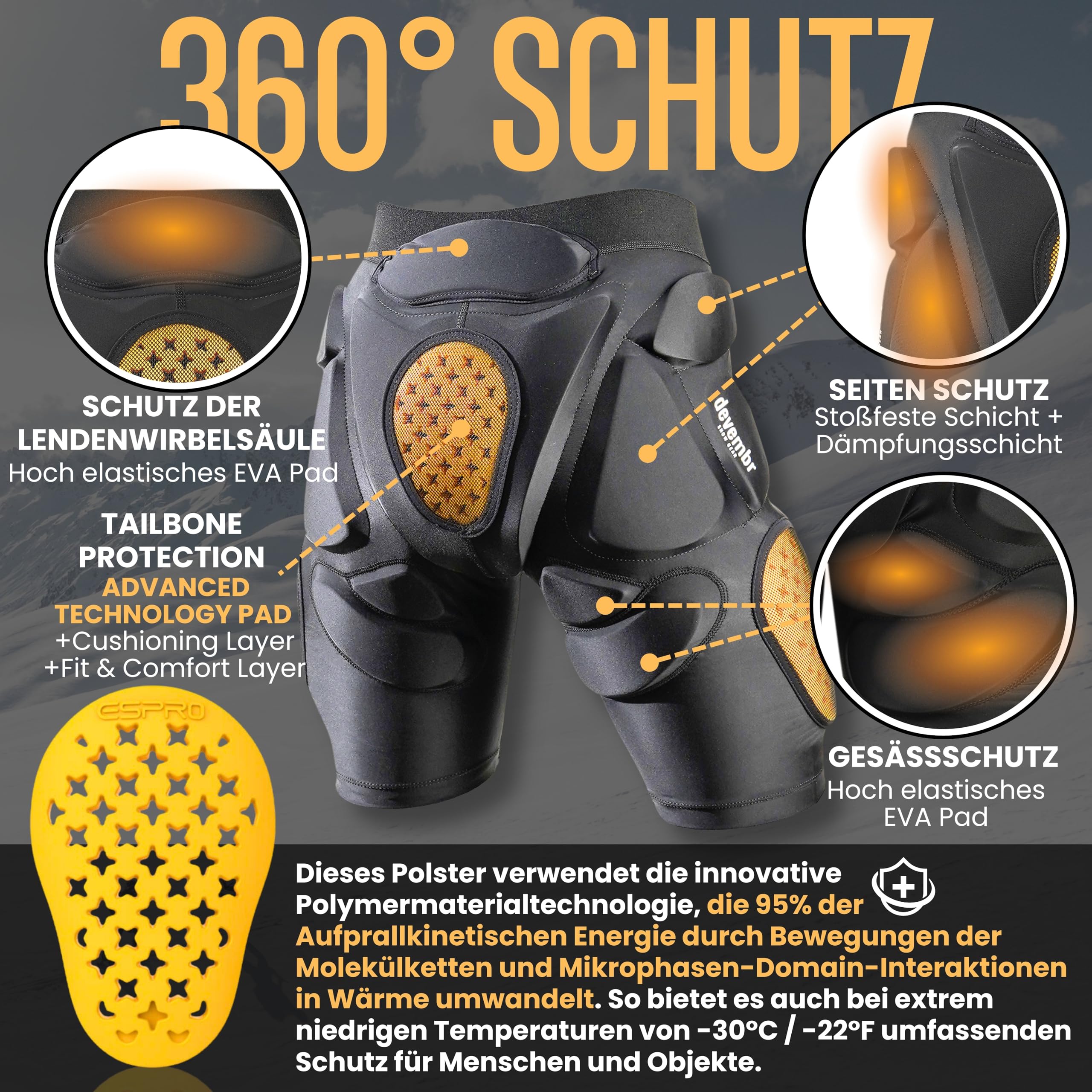 devembr Gesäßpolster Snowboard, Schützende Polsterhosen, Dämpfungsschutz für Skateboarding, Skating und Skifahren, 3D-Schutz für Hüfte, Gesäß und Steißbein