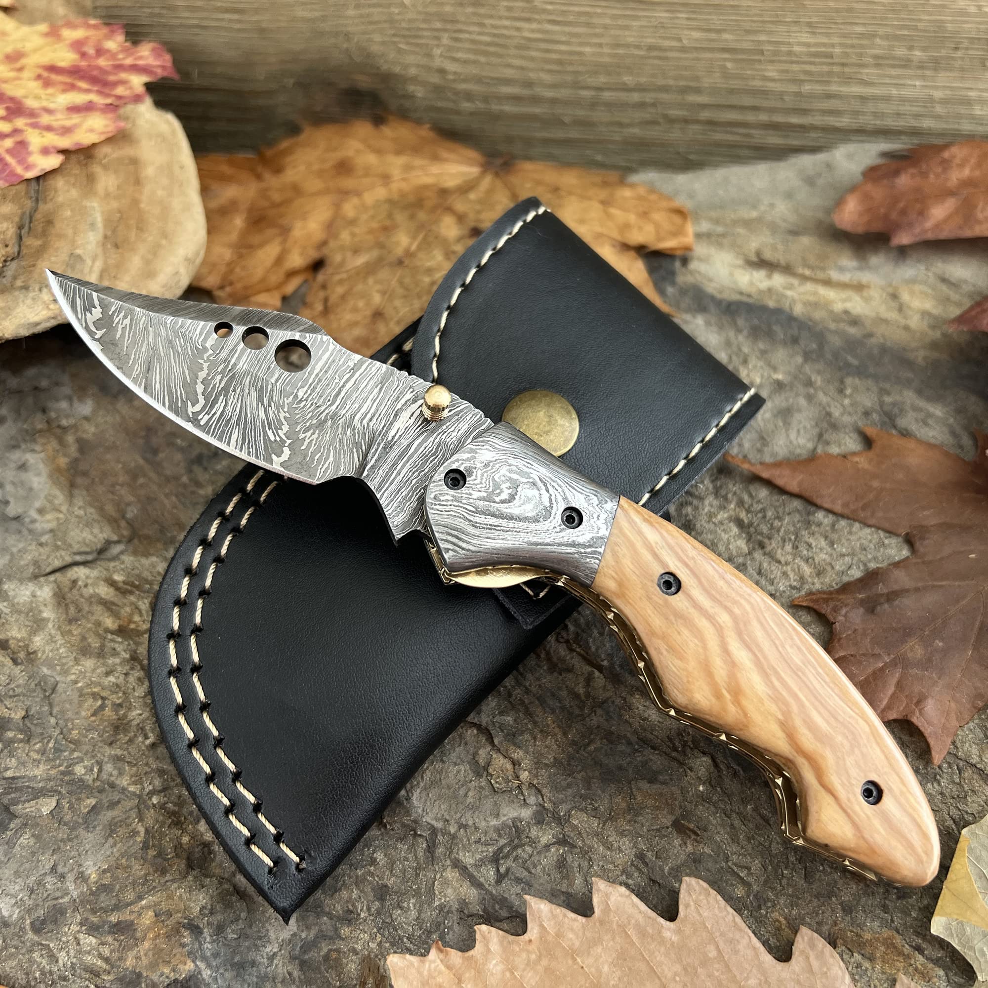 Handmade Custom Damascus Steel Folding Pocket Knife with belt clip