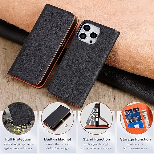 Miniatura 8 de VISOUL Pebbled - Funda de piel auténtica para iPhone 15 Pro Max, funda tipo cartera con MagSafe y soporte para tarjetas, funda magnética con función