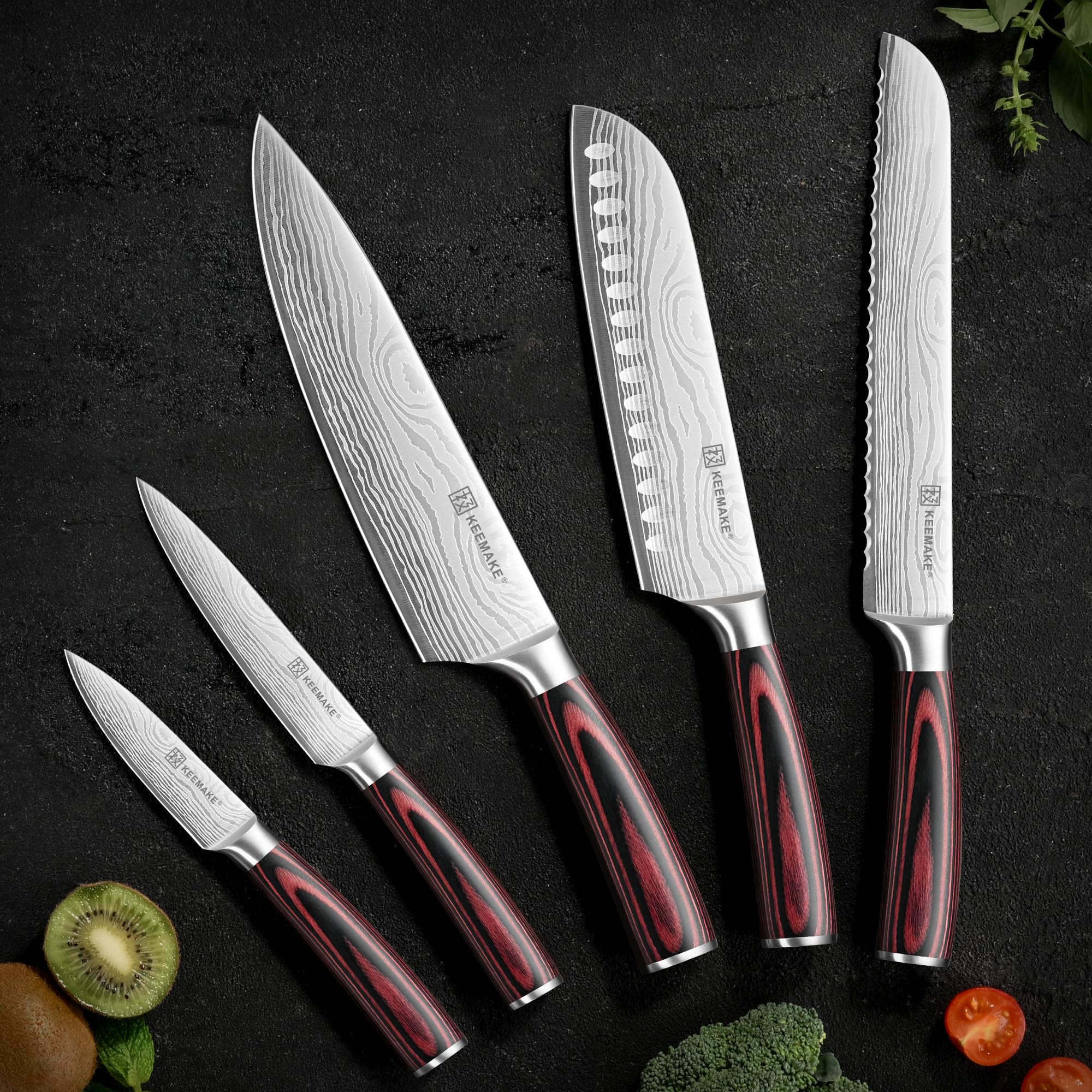KEEMAKE 5-teiliges Profi Messerset Küchenmesser Set aus scharfem Edelstahl - Japanisches Kochmesser Design mit Pakkaholz Griff, inkl. Santoku, Brotmesser & Geschenkbox, Vatertagsgeschenk für Papa