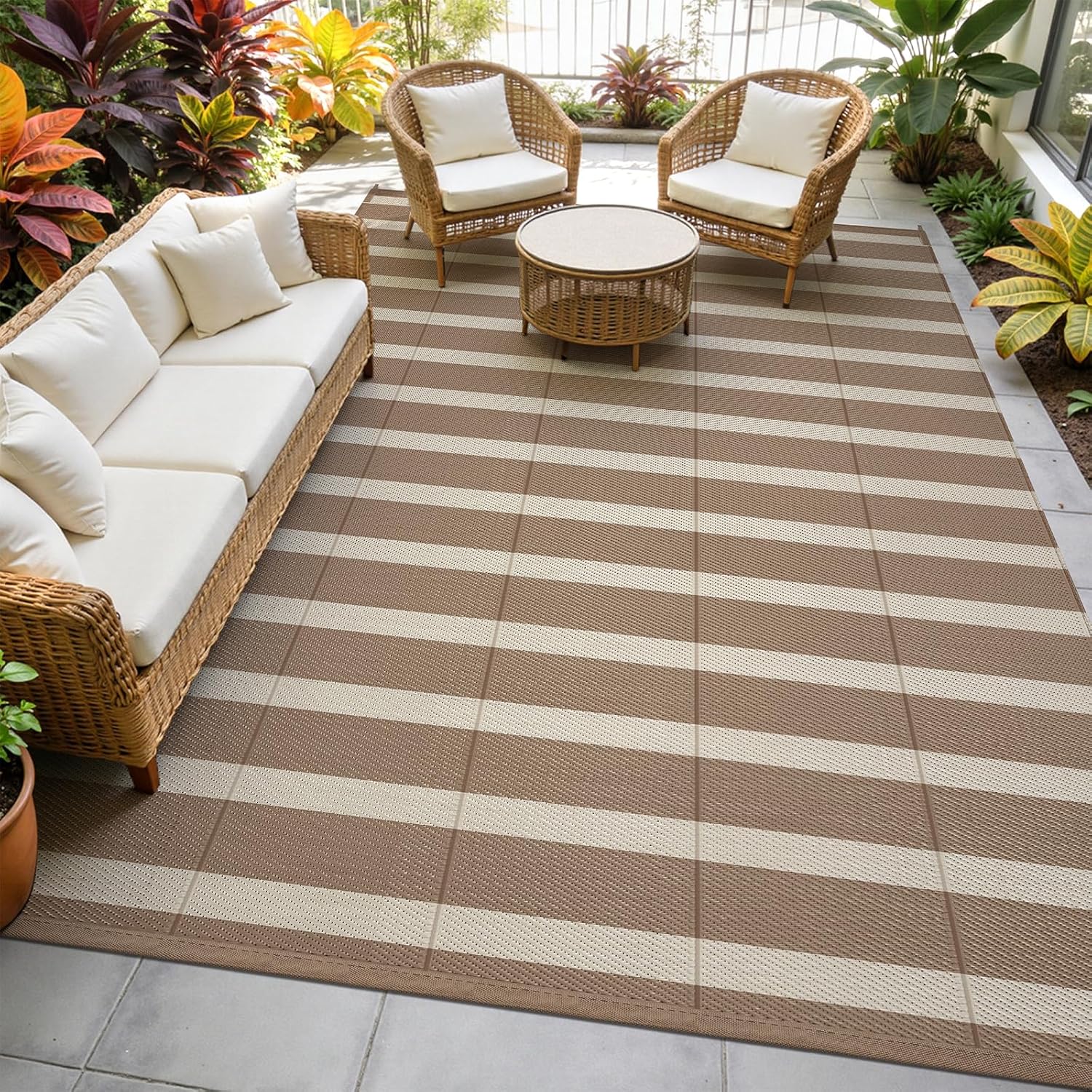 Vaukki Waterproof Outdoor Rug 6x9, Reversible Striped Patio Rug, Lightweight Plastic Straw Camping Mat, Indoor Outdoor RV Carpet for Outsides, Patio, Camping, Balcony, RV and Deck, Brown and Beige