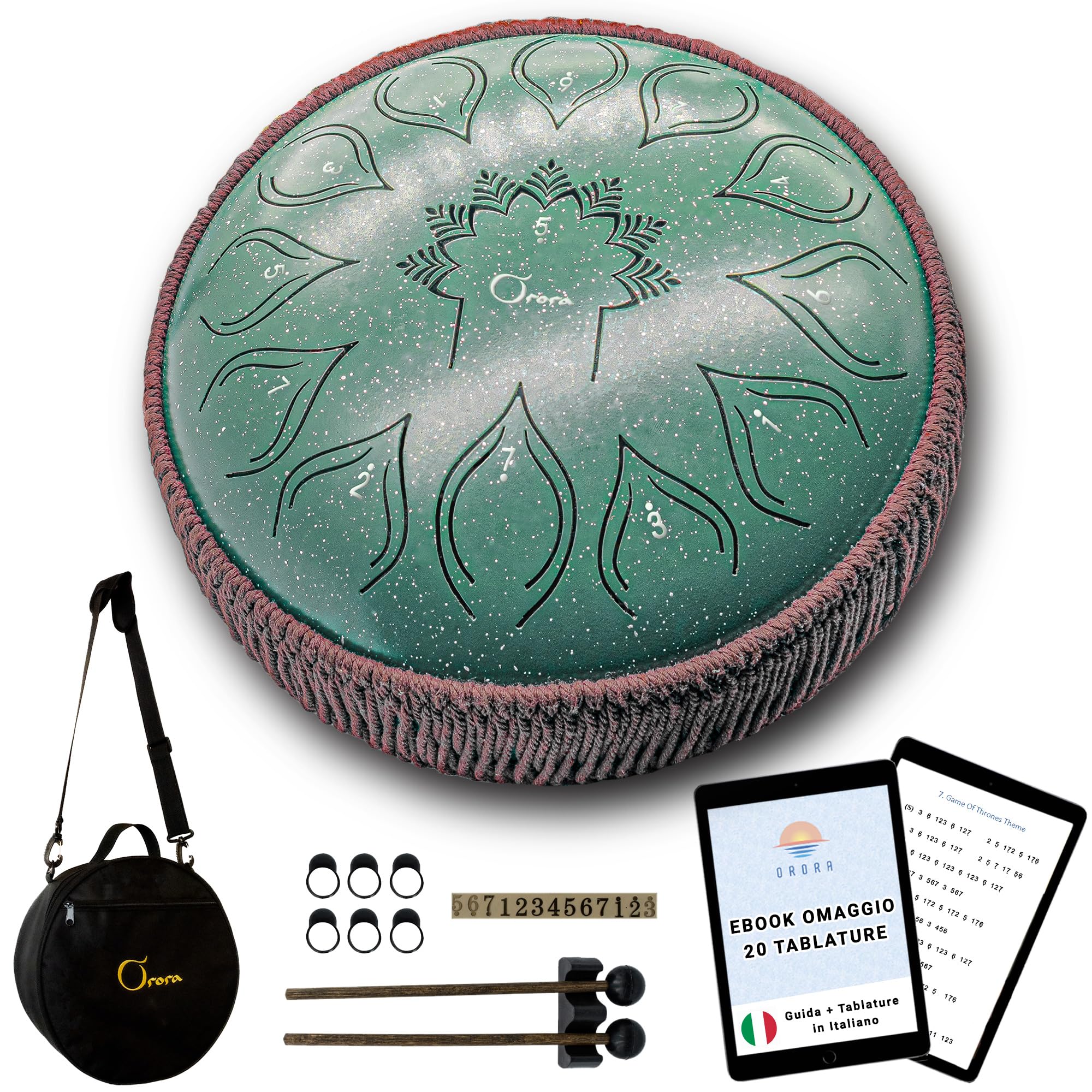 ORORA Handpan Steel Tongue drum 13 note - Strumento musicale per bambini e adulti - Tamburo zen e meditazione - Ebook di 20 spartiti in omaggio - Regalo originale relax