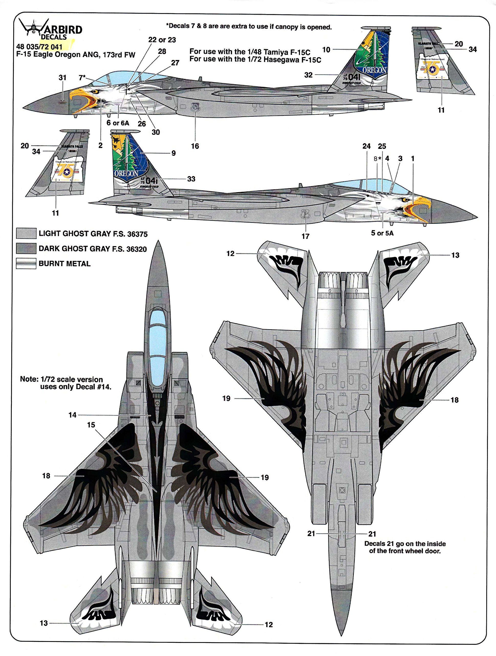 WBD72041 1:72 Warbird Decals - F-15C Eagle Oregon ANG 173rd FW [WATERSLIDE DECAL SHEET]