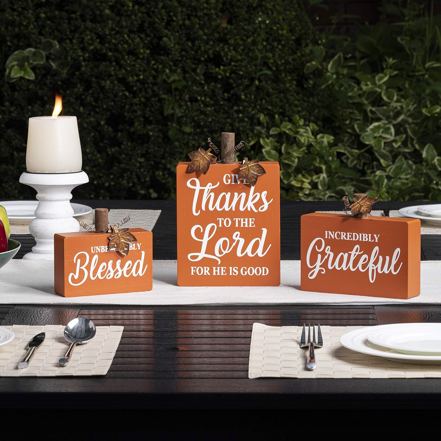 Glitzhome Thanksgiving Table Wooden Pumpkin Blocks Decorative Signs, Set of 3, 8.85" H, Orange