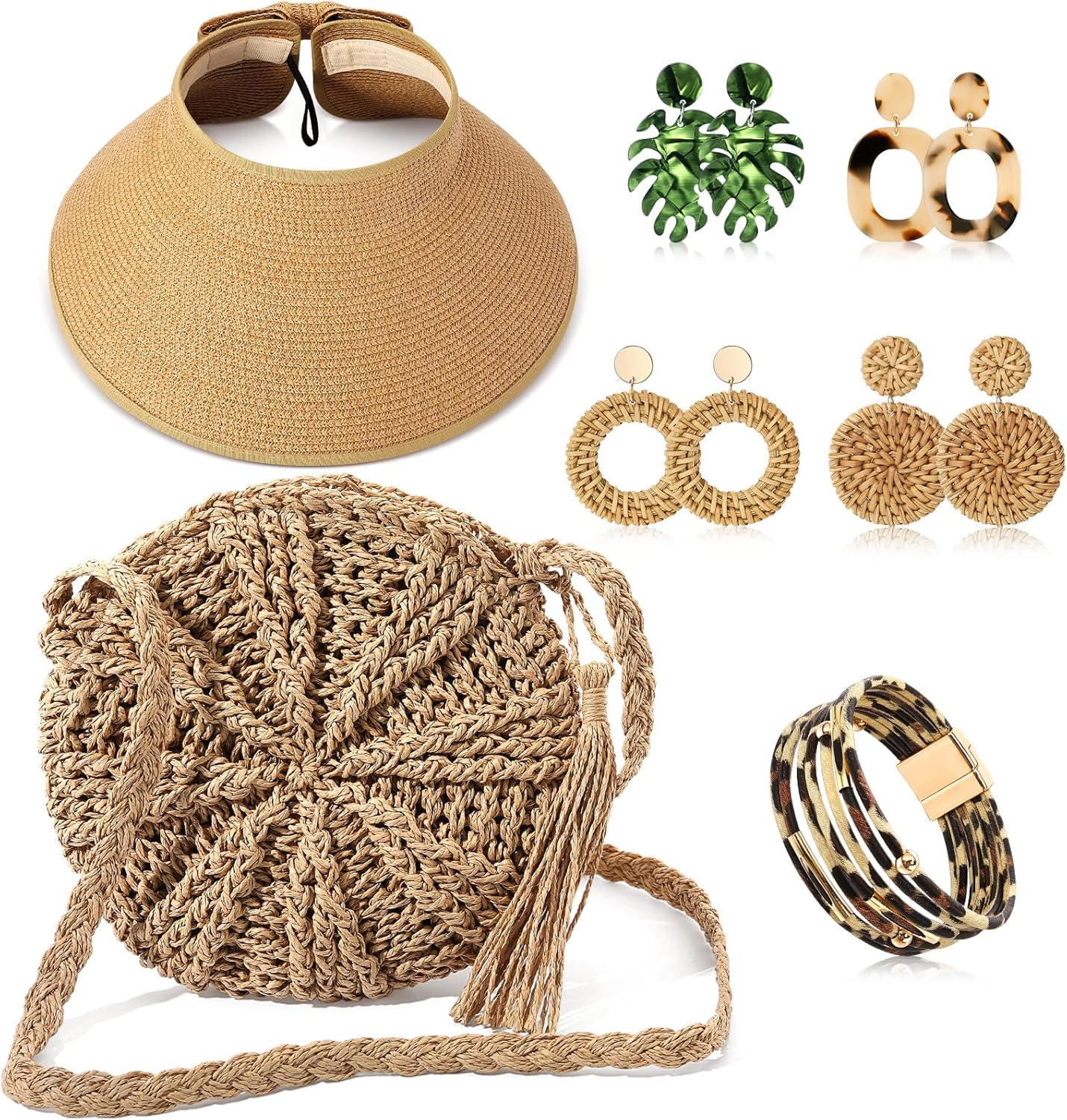 Hicarer 7-Piece Straw Accessory Set for Women: Straw Purses, Tropical Earrings, Bracelet & Boho Beach Hats for Summer Vacation