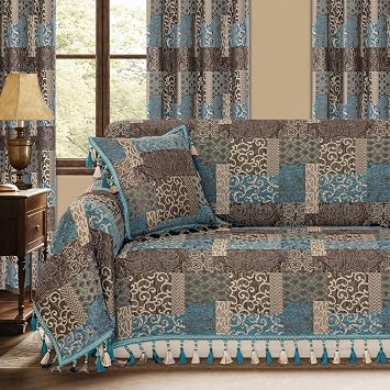 Loom and Mill Luxury Sofa Covers, Classic Patchwork Damask Jacquard Thick Chenille Couch Cover Furniture Protector with Lace Edge and Handmade Tassels for Pet, Dogs and Cats Blue, 71x118 inch
